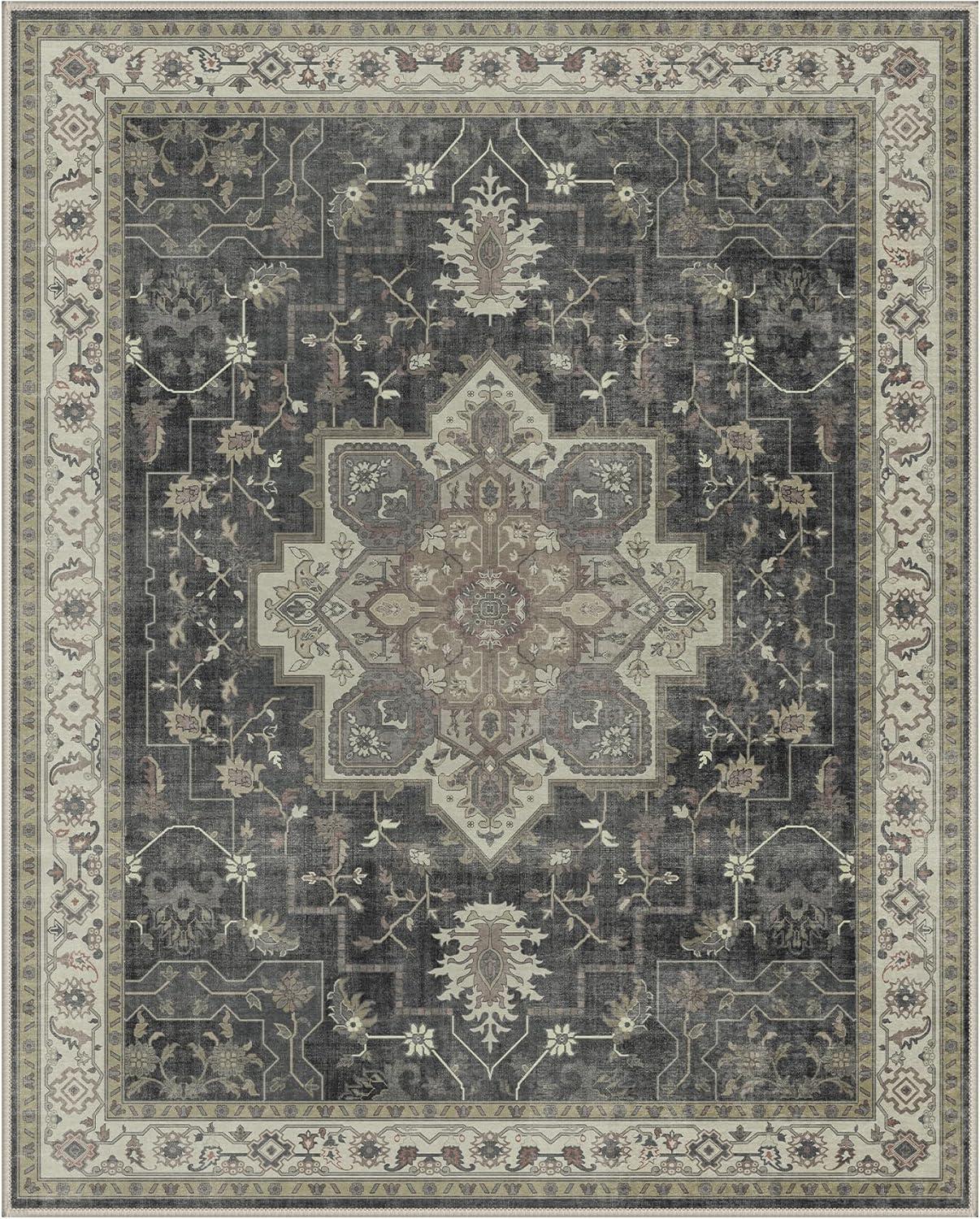 imageGENIMO 9x12 Area Rugs for Living Room Machine Washable Non Slip Rugs Low Pile Lightweight Print Rug for Bedroom Dining Room Home Office Vintage Brick RedMuted Charcoal Beige