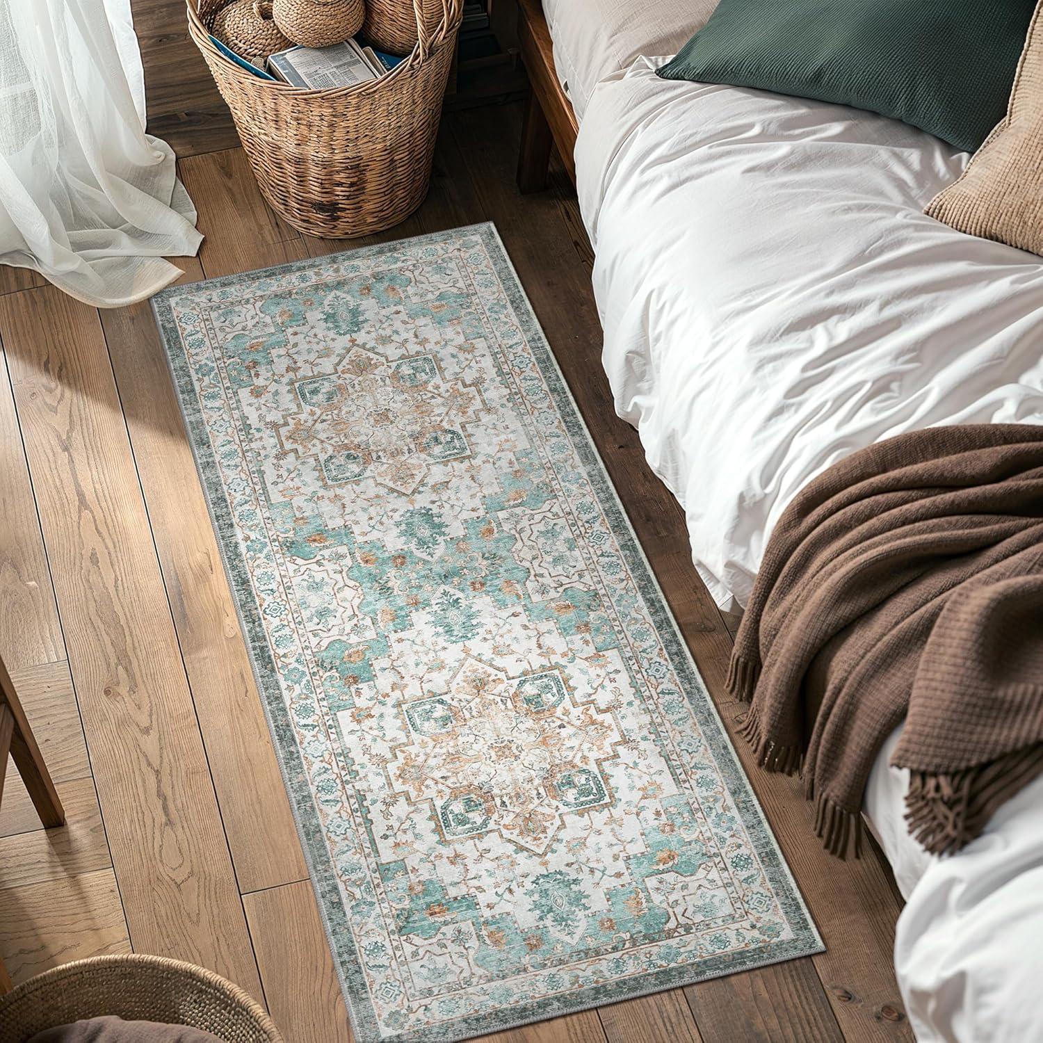 imageGENIMO 9x12 Area Rugs for Living Room Machine Washable Non Slip Rugs Low Pile Lightweight Print Rug for Bedroom Dining Room Home Office Vintage Brick RedCyan