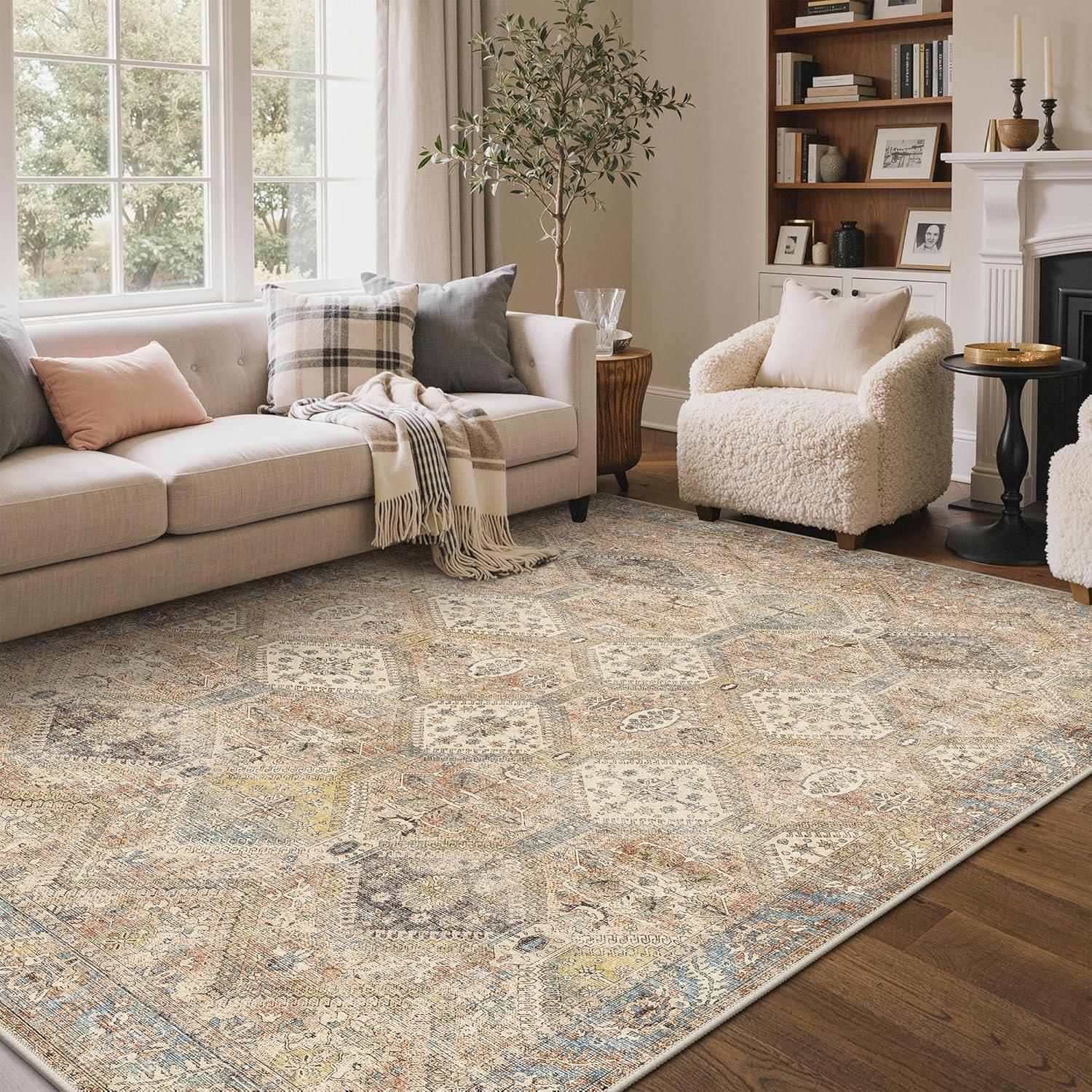 imageGENIMO 9x12 Area Rugs for Living Room Machine Washable Non Slip Rugs Low Pile Lightweight Print Rug for Bedroom Dining Room Home Office Vintage Brick RedWarm Brown