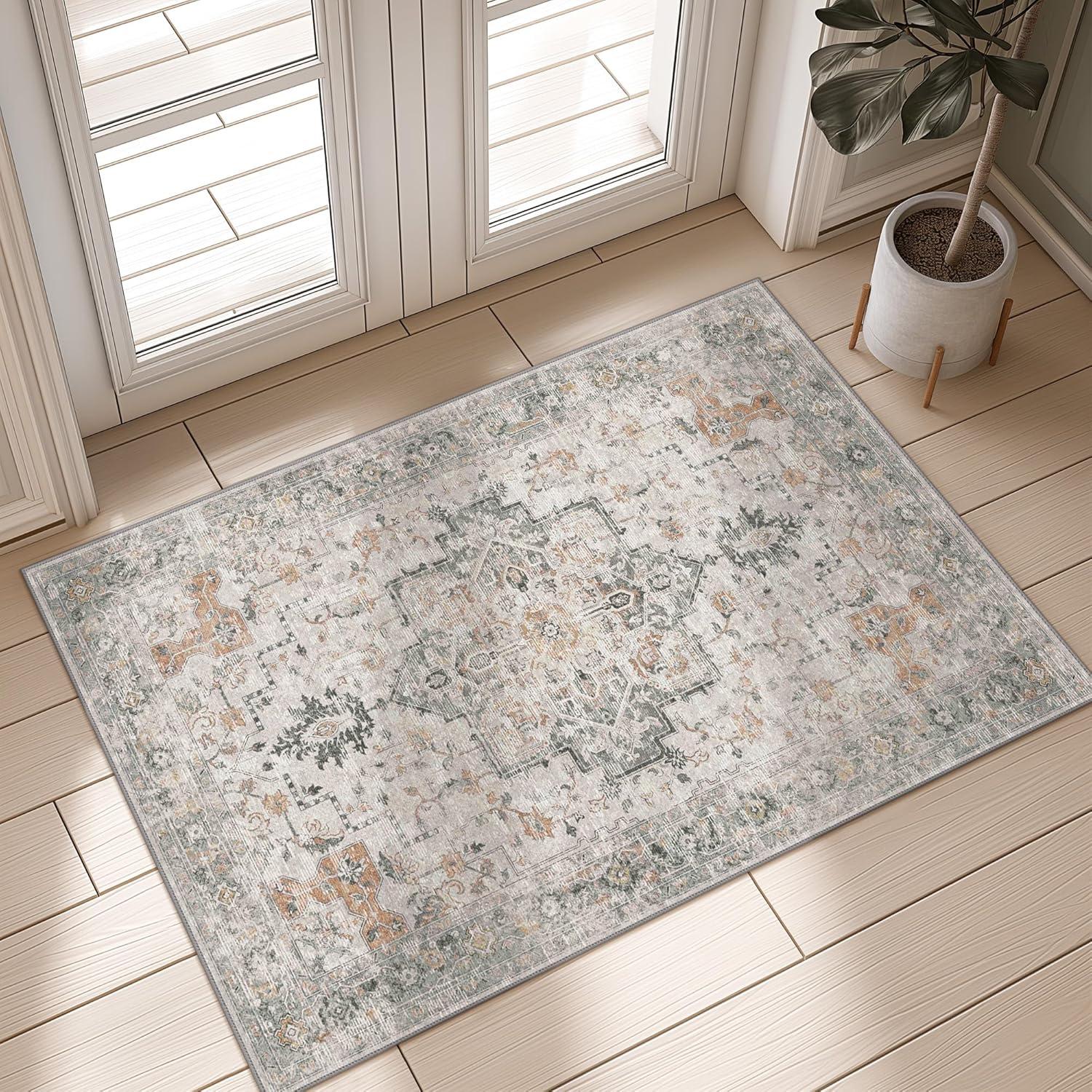 imageGENIMO 9x12 Area Rugs for Living Room Machine Washable Non Slip Rugs Low Pile Lightweight Print Rug for Bedroom Dining Room Home Office Vintage Brick RedTaupe
