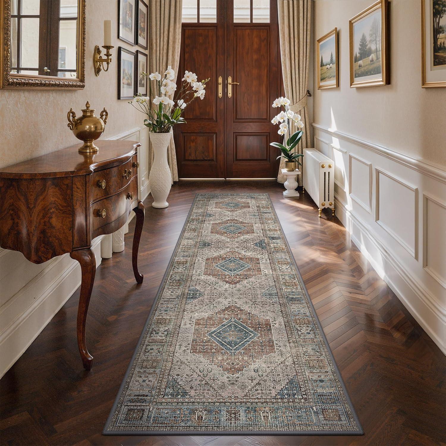imageGENIMO 9x12 Area Rugs for Living Room Machine Washable Non Slip Rugs Low Pile Lightweight Print Rug for Bedroom Dining Room Home Office Vintage Brick RedGeometry SepiaBlue