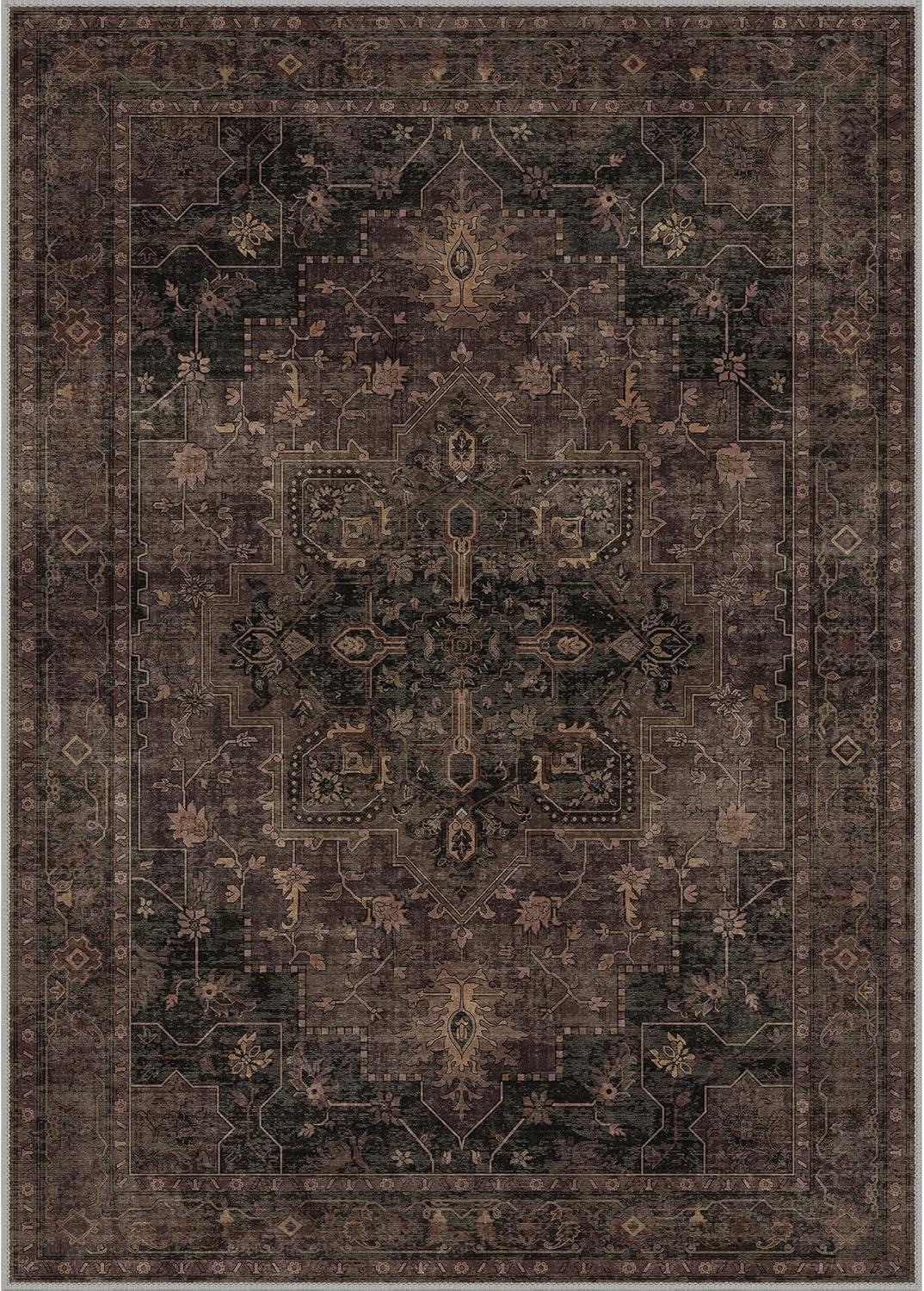 imageGENIMO 9x12 Area Rugs for Living Room Machine Washable Non Slip Rugs Low Pile Lightweight Print Rug for Bedroom Dining Room Home Office Vintage Brick RedCharcoal Brown