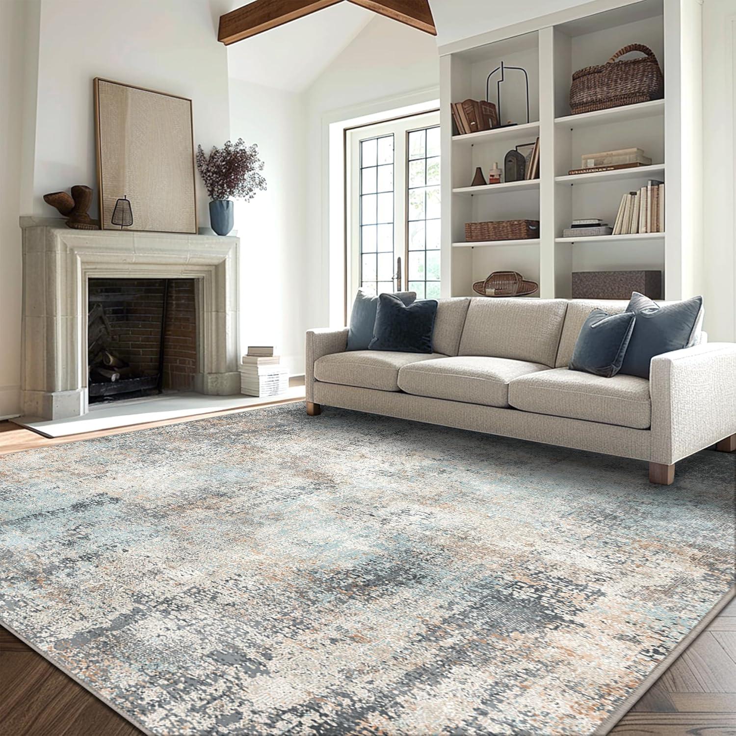 imageGENIMO 9x12 Area Rugs for Living Room Machine Washable Non Slip Rugs Low Pile Lightweight Print Rug for Bedroom Dining Room Home Office Vintage Brick RedLight Blue