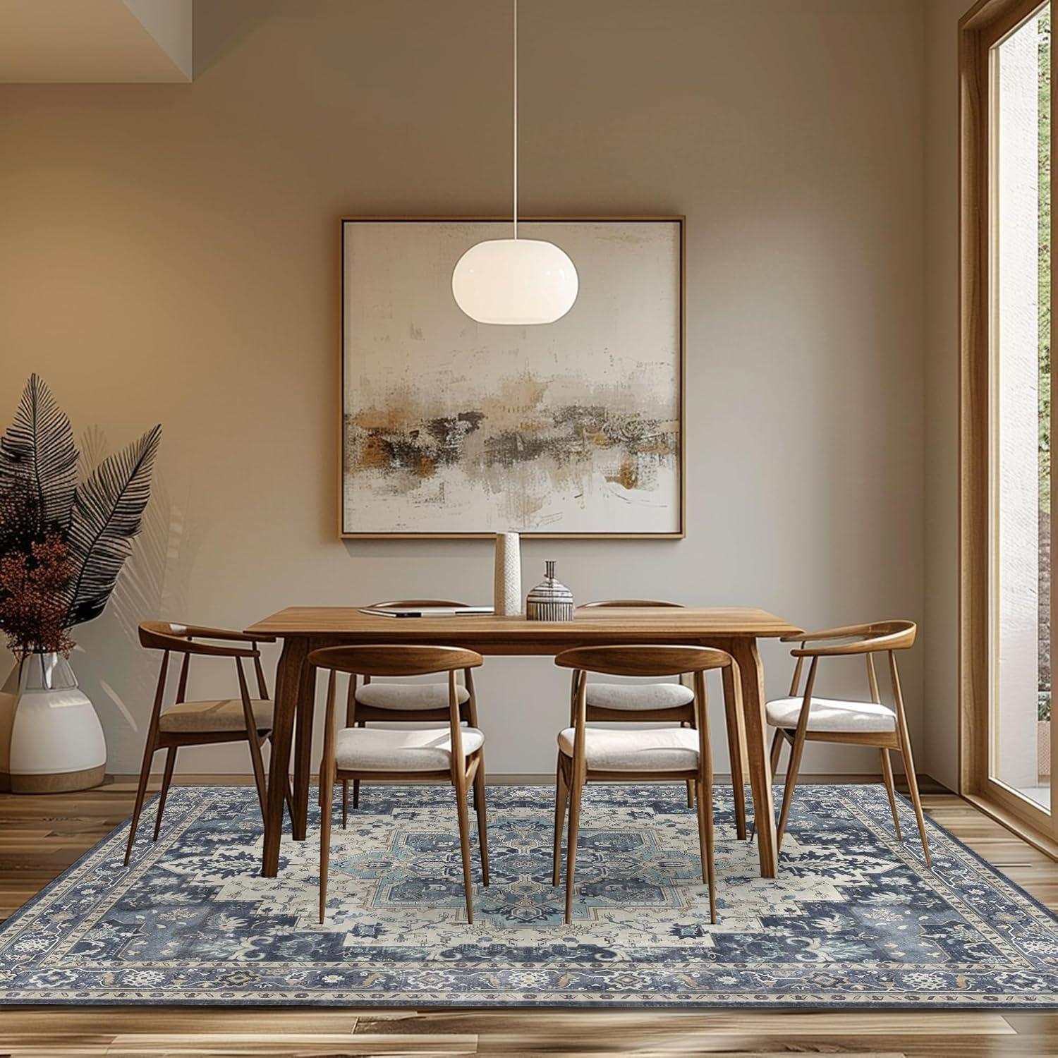 imageGENIMO 9x12 Area Rugs for Living Room Machine Washable Non Slip Rugs Low Pile Lightweight Print Rug for Bedroom Dining Room Home Office Vintage Brick RedCenter Blue