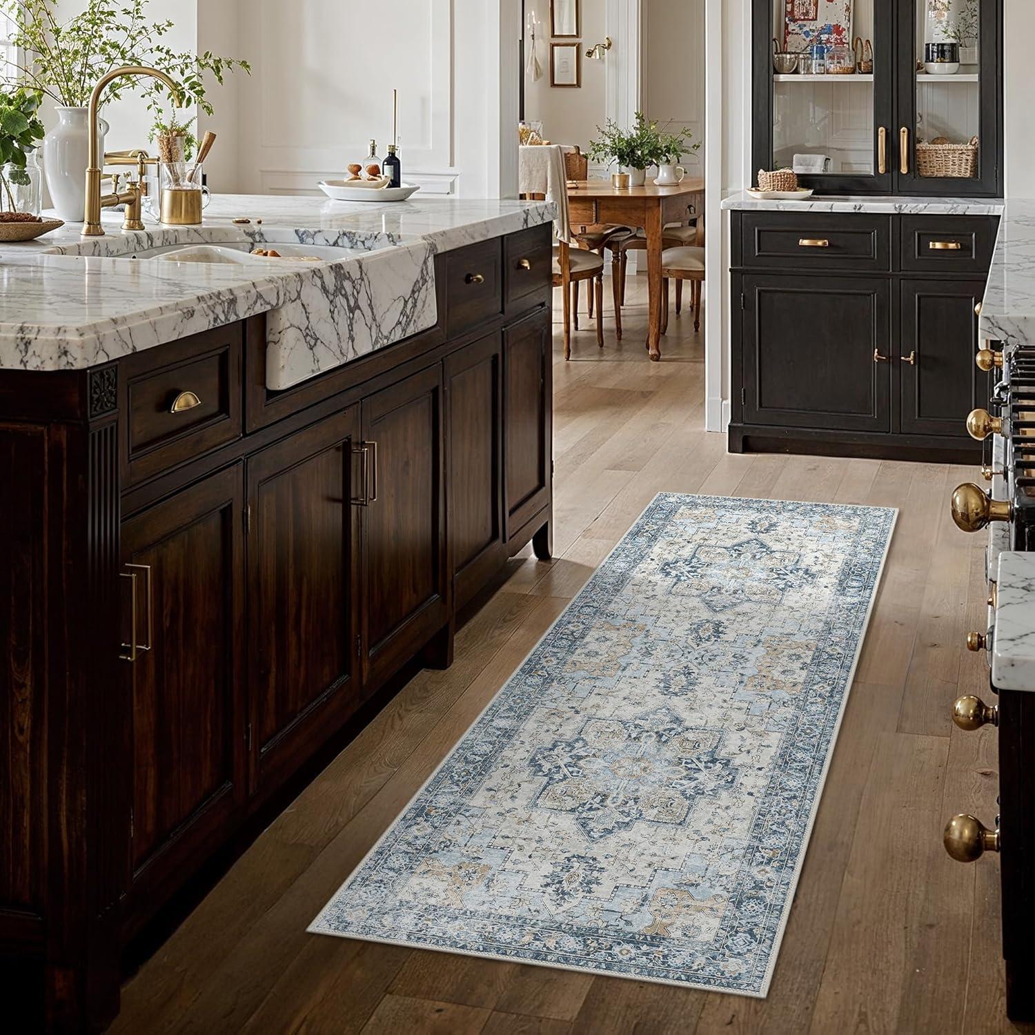 imageGENIMO 9x12 Area Rugs for Living Room Machine Washable Non Slip Rugs Low Pile Lightweight Print Rug for Bedroom Dining Room Home Office Vintage Brick RedBluegold