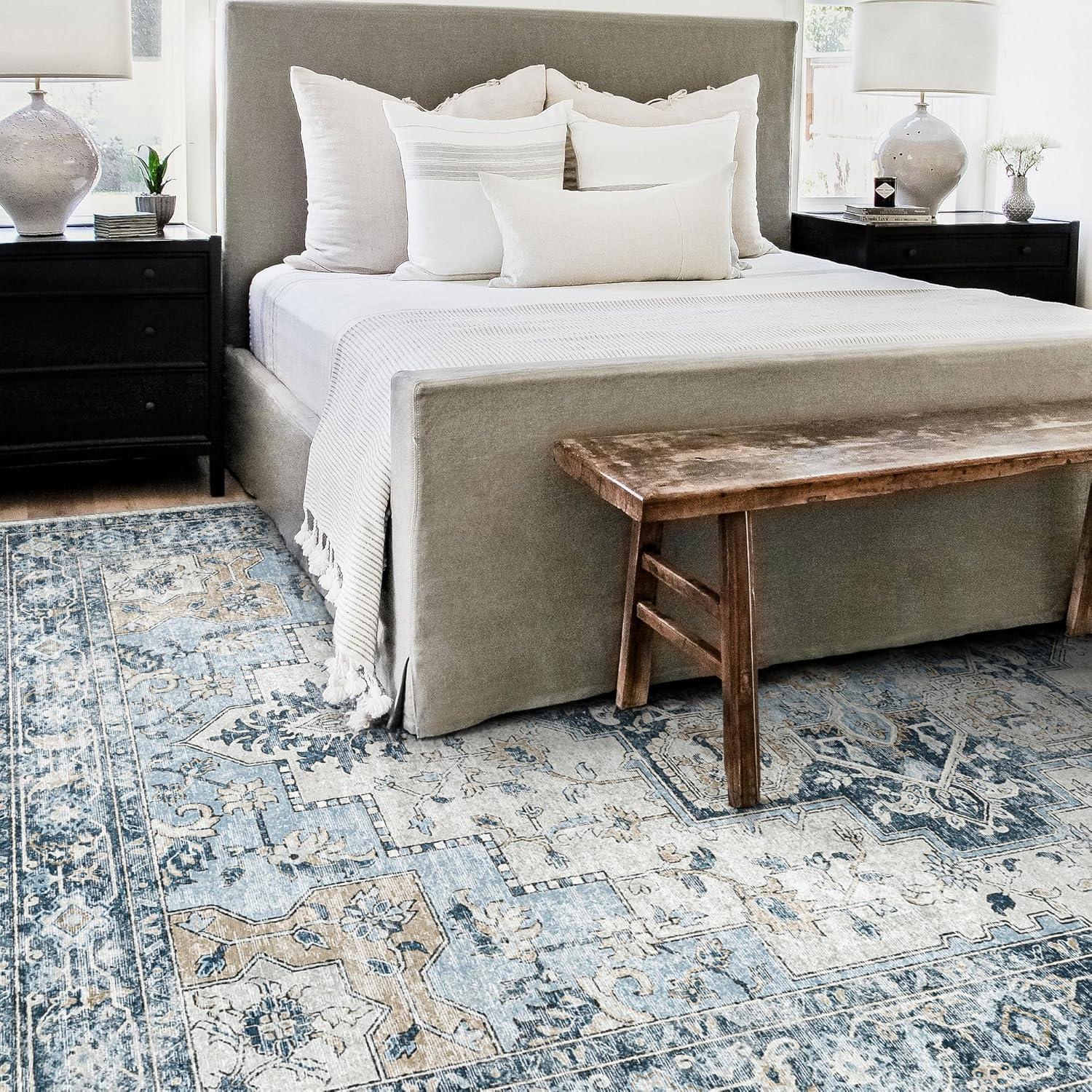 imageGENIMO 9x12 Area Rugs for Living Room Machine Washable Non Slip Rugs Low Pile Lightweight Print Rug for Bedroom Dining Room Home Office Vintage Brick RedBluegold