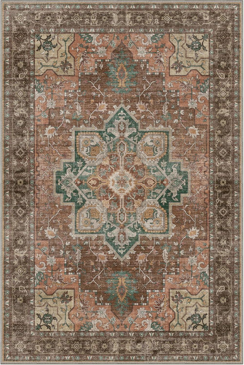 imageGENIMO 9x12 Area Rugs for Living Room Machine Washable Non Slip Rugs Low Pile Lightweight Print Rug for Bedroom Dining Room Home Office Vintage Brick RedRosewood