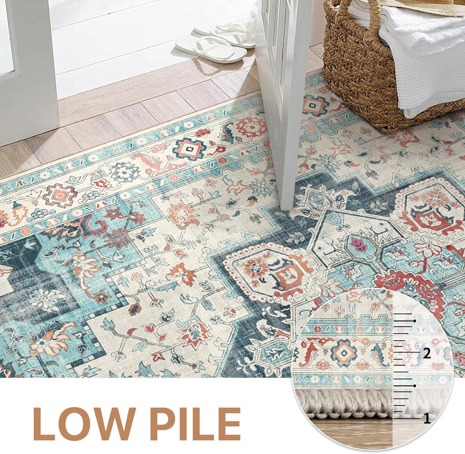 imageGENIMO 9x12 Area Rugs for Living Room Machine Washable Non Slip Rugs Low Pile Lightweight Print Rug for Bedroom Dining Room Home Office Vintage Brick RedWhiteCyan