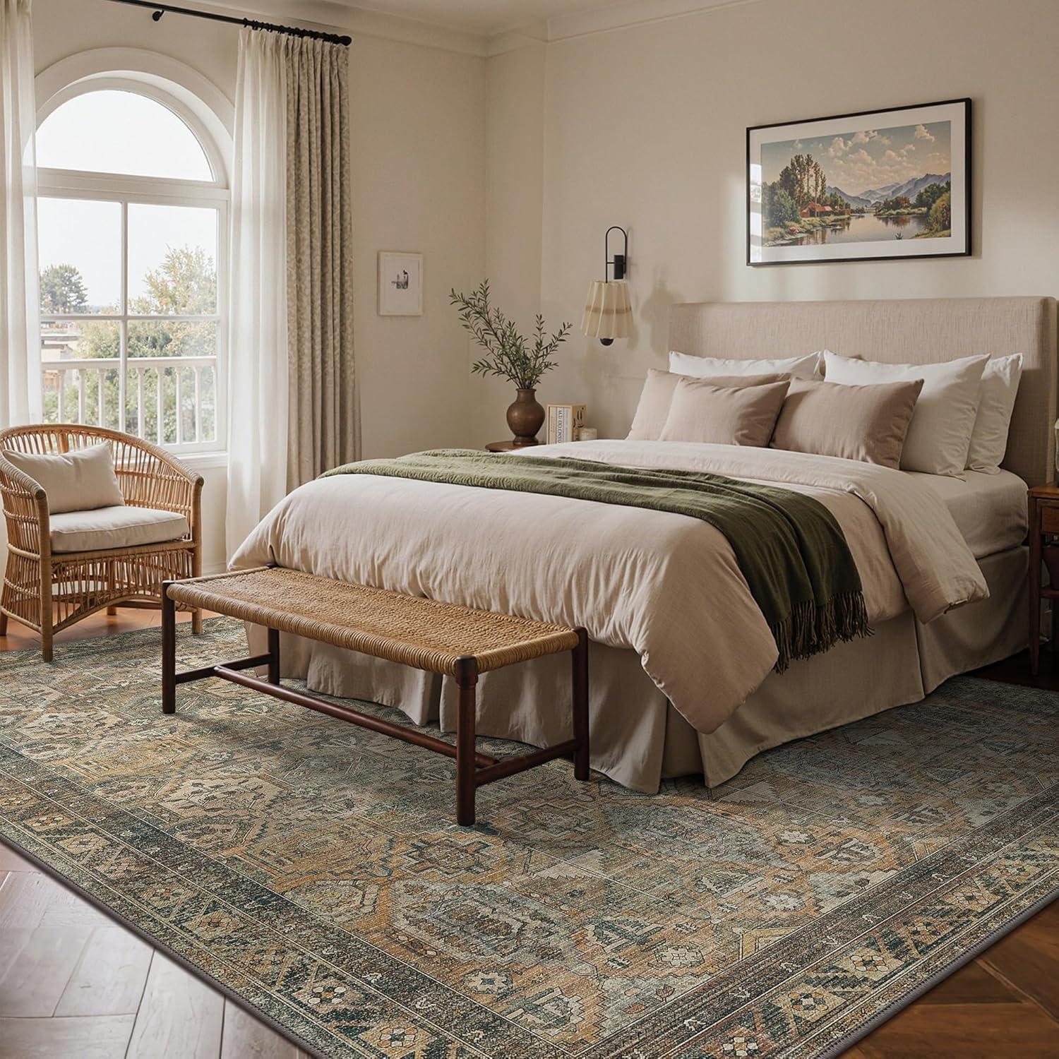 imageGENIMO 9x12 Area Rugs for Living Room Machine Washable Non Slip Rugs Low Pile Lightweight Print Rug for Bedroom Dining Room Home Office Vintage Brick RedWarm Taupe