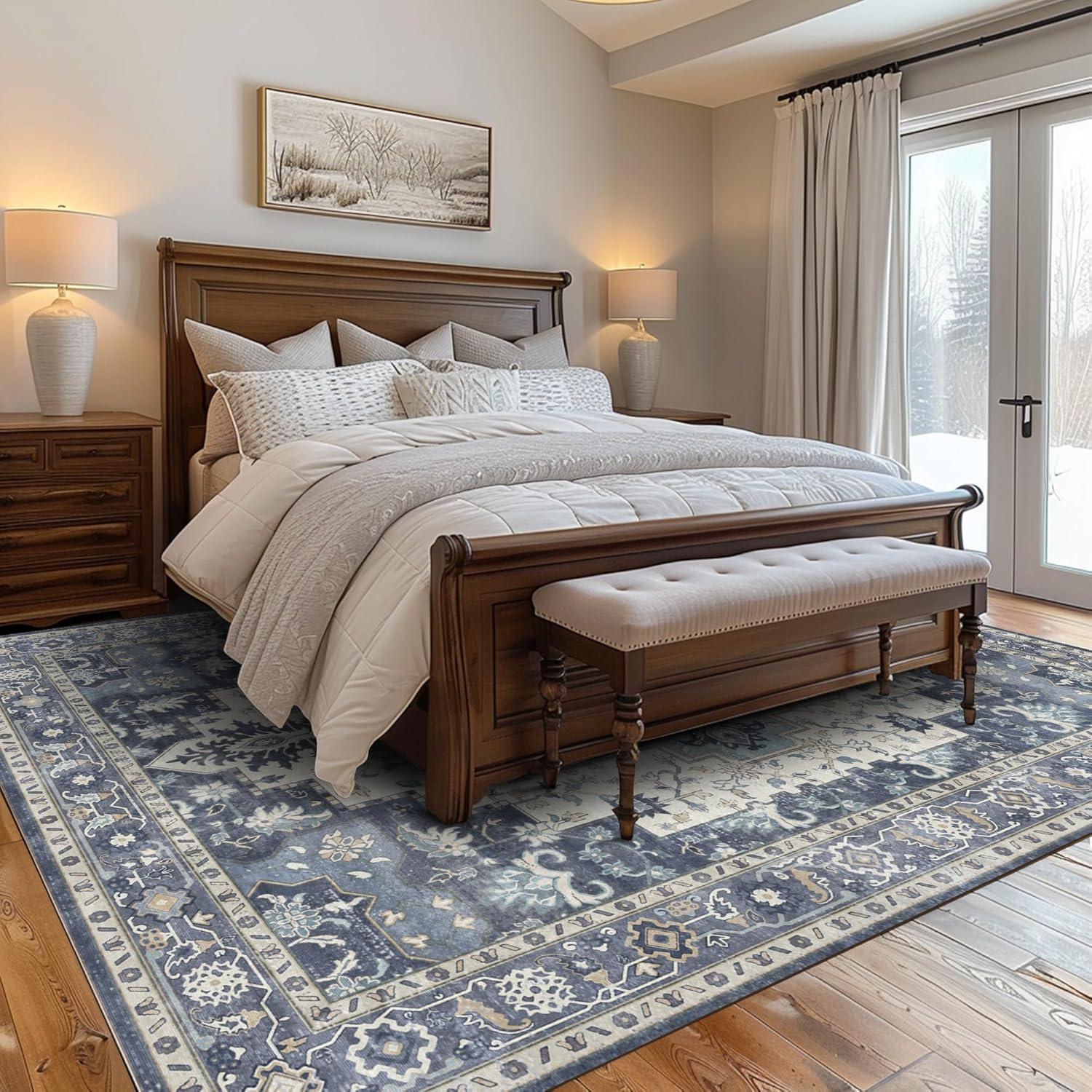 imageGENIMO 9x12 Area Rugs for Living Room Machine Washable Non Slip Rugs Low Pile Lightweight Print Rug for Bedroom Dining Room Home Office Vintage Brick RedCenter Blue