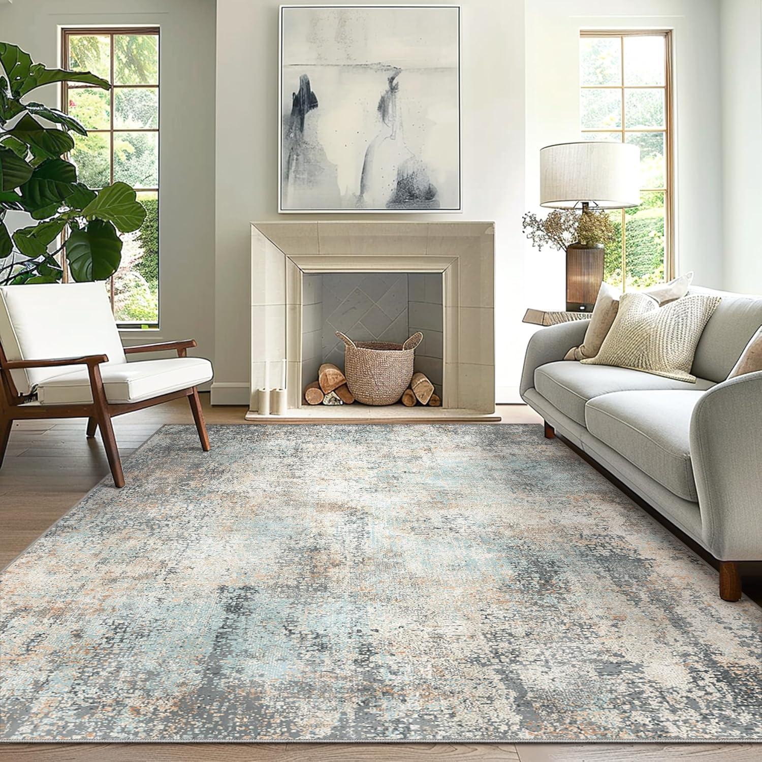 imageGENIMO 9x12 Area Rugs for Living Room Machine Washable Non Slip Rugs Low Pile Lightweight Print Rug for Bedroom Dining Room Home Office Vintage Brick RedLight Blue