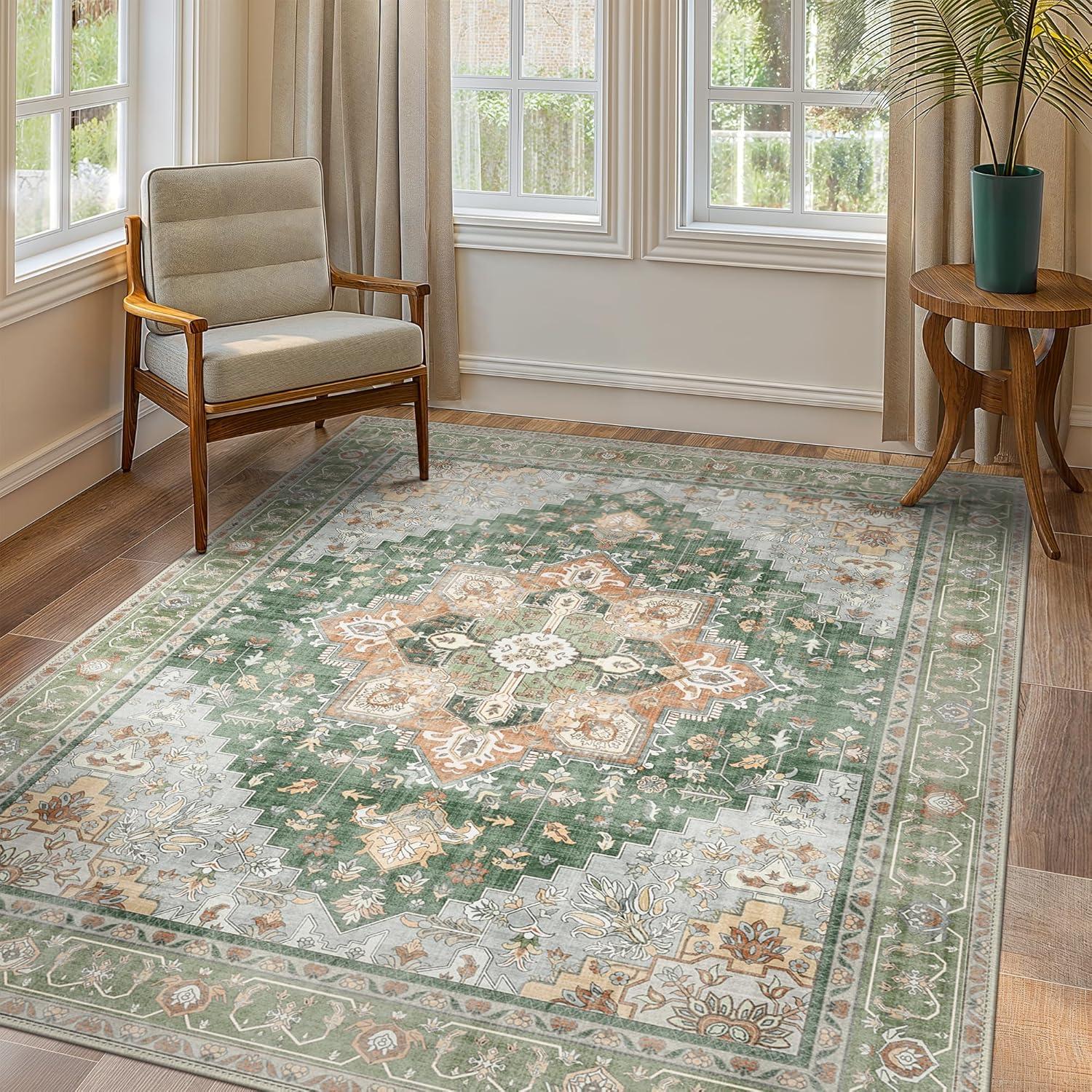imageGENIMO 9x12 Area Rugs for Living Room Machine Washable Non Slip Rugs Low Pile Lightweight Print Rug for Bedroom Dining Room Home Office Vintage Brick RedSage Green
