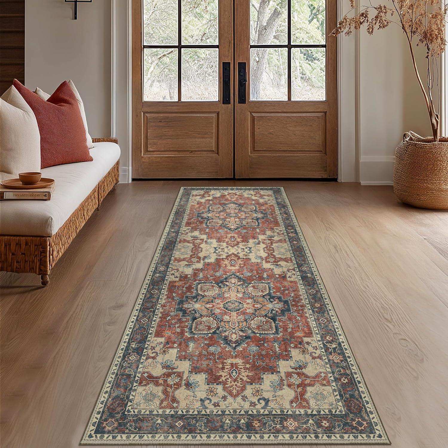 imageGENIMO 9x12 Area Rugs for Living Room Machine Washable Non Slip Rugs Low Pile Lightweight Print Rug for Bedroom Dining Room Home Office Vintage Brick RedBordeaux