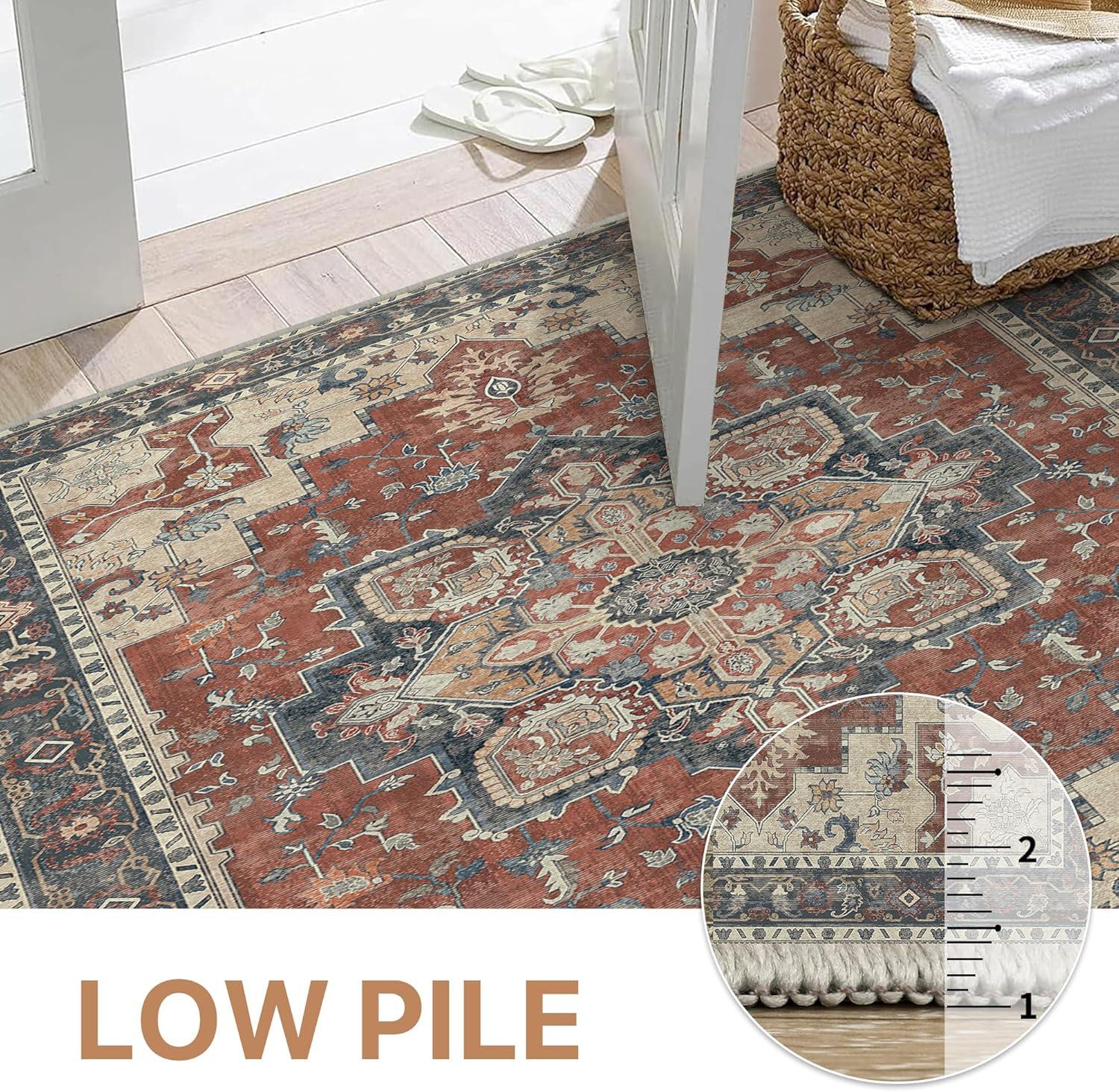 imageGENIMO 9x12 Area Rugs for Living Room Machine Washable Non Slip Rugs Low Pile Lightweight Print Rug for Bedroom Dining Room Home Office Vintage Brick RedBordeaux