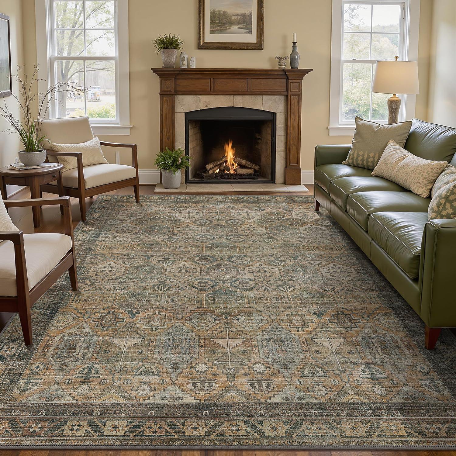 imageGENIMO 9x12 Area Rugs for Living Room Machine Washable Non Slip Rugs Low Pile Lightweight Print Rug for Bedroom Dining Room Home Office Vintage Brick RedWarm Taupe
