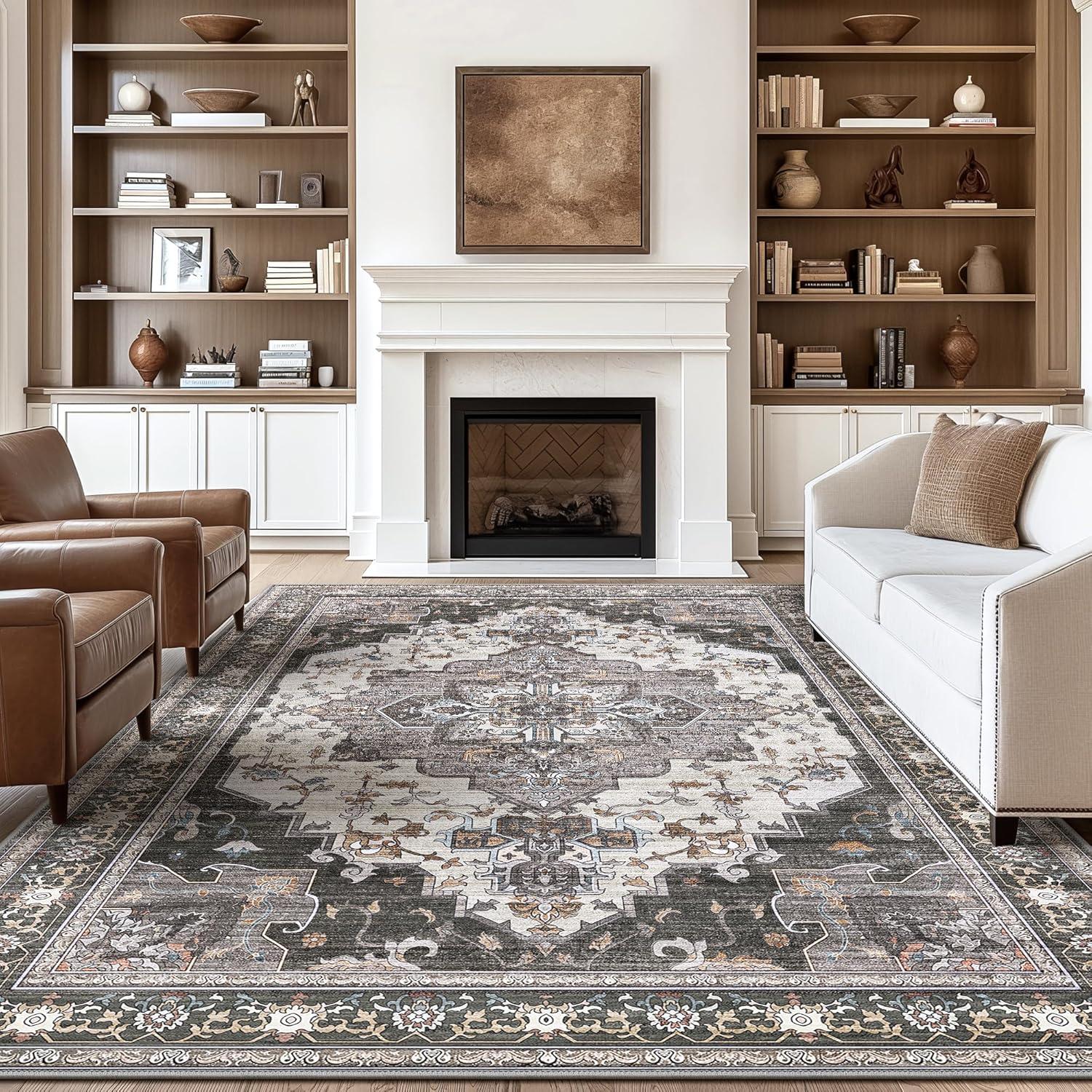 imageGENIMO 9x12 Area Rugs for Living Room Machine Washable Non Slip Rugs Low Pile Lightweight Print Rug for Bedroom Dining Room Home Office Vintage Brick RedSlate Gray