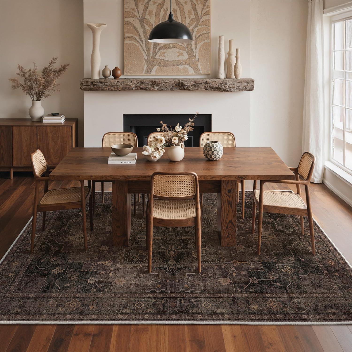 imageGENIMO 9x12 Area Rugs for Living Room Machine Washable Non Slip Rugs Low Pile Lightweight Print Rug for Bedroom Dining Room Home Office Vintage Brick RedCharcoal Brown