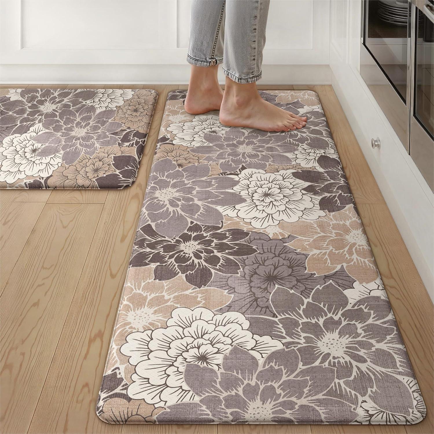 imageGENIMO Kitchen Mats for Floor Kitchen Rugs Non Slip Washable Sets of 2 Waterproof Cushioned Anti Fatigue Mat Floral Runner Rug for Laundry Sink Office Home 173x47173x30 Taupe GreyCoffeebrown
