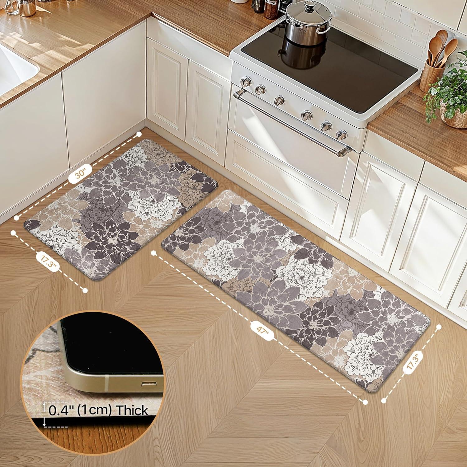 imageGENIMO Kitchen Mats for Floor Kitchen Rugs Non Slip Washable Sets of 2 Waterproof Cushioned Anti Fatigue Mat Floral Runner Rug for Laundry Sink Office Home 173x47173x30 Taupe GreyCoffeebrown