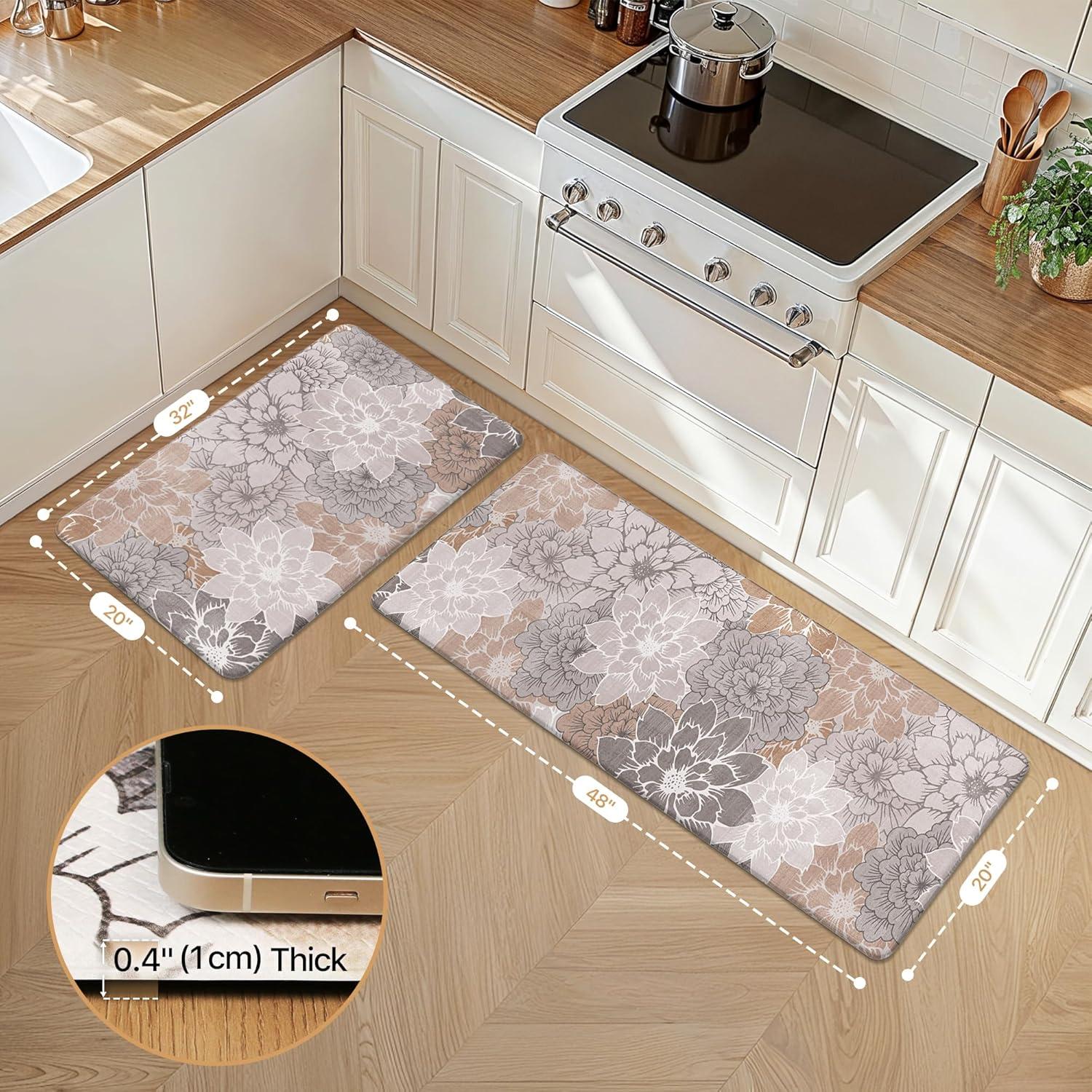 imageGENIMO Kitchen Mats for Floor Kitchen Rugs Non Slip Washable Sets of 2 Waterproof Cushioned Anti Fatigue Mat Floral Runner Rug for Laundry Sink Office Home 173x47173x30 Taupe GreyTaupe Grey