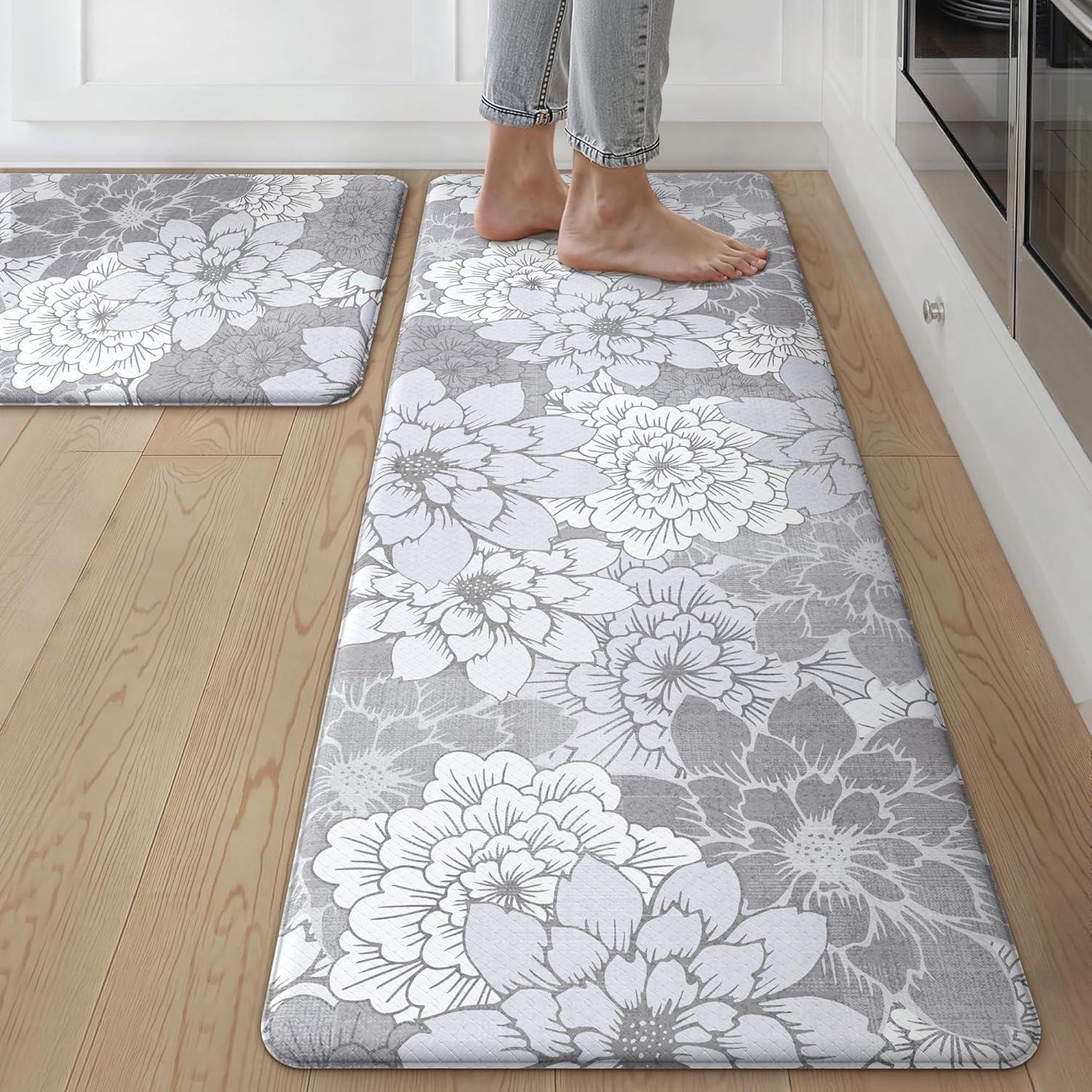 imageGENIMO Kitchen Mats for Floor Kitchen Rugs Non Slip Washable Sets of 2 Waterproof Cushioned Anti Fatigue Mat Floral Runner Rug for Laundry Sink Office Home 173x47173x30 Taupe GreyLavender Grey