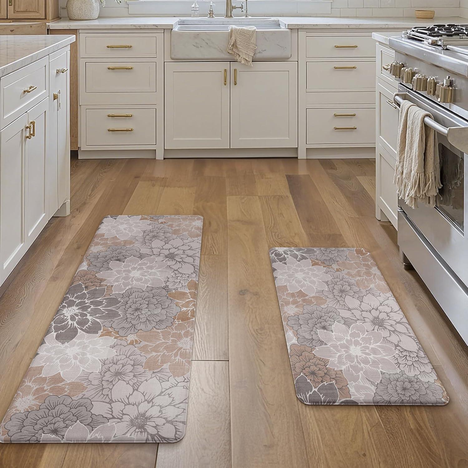 imageGENIMO Kitchen Mats for Floor Kitchen Rugs Non Slip Washable Sets of 2 Waterproof Cushioned Anti Fatigue Mat Floral Runner Rug for Laundry Sink Office Home 173x47173x30 Taupe GreyTaupe Grey
