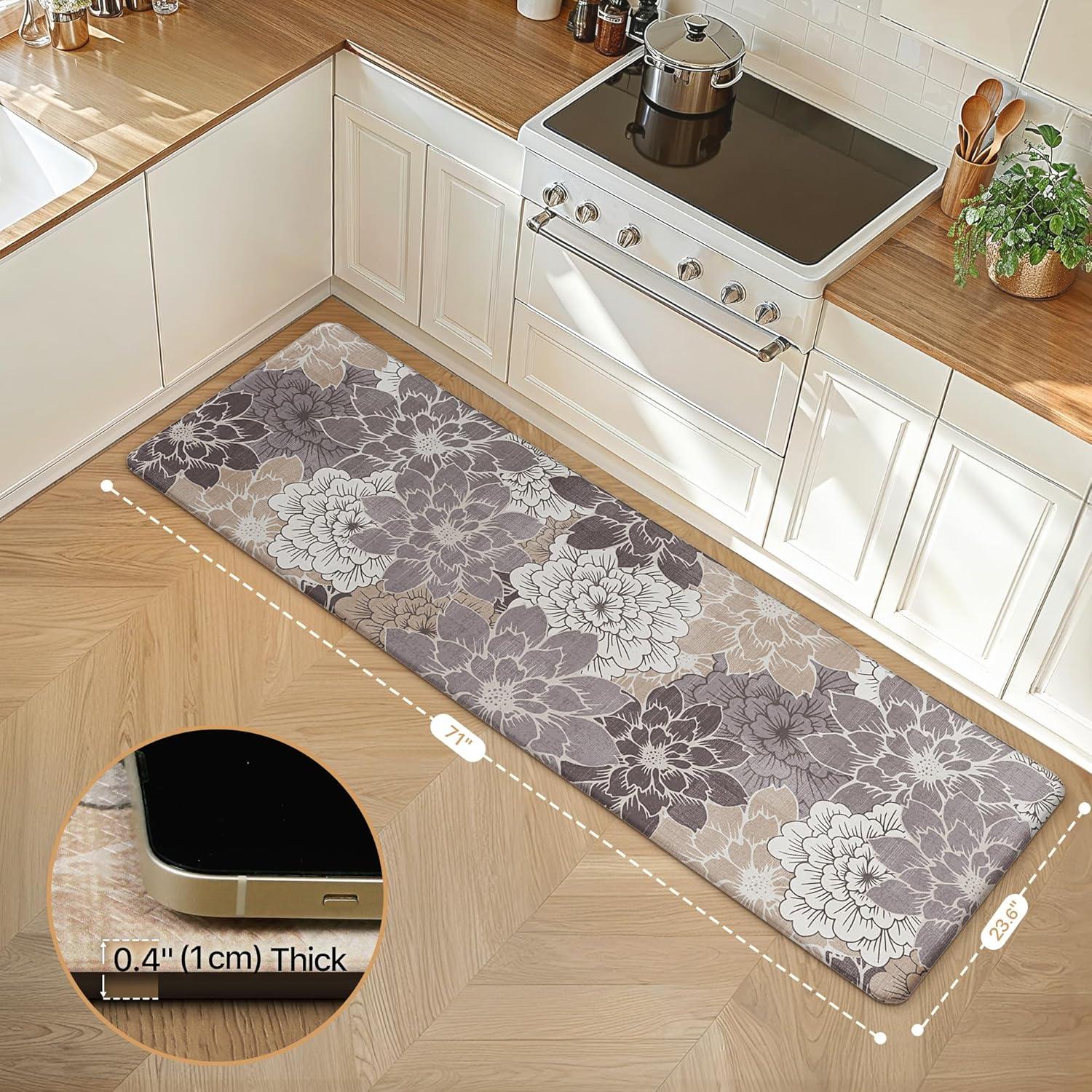 imageGENIMO Kitchen Mats for Floor Kitchen Rugs Non Slip Washable Sets of 2 Waterproof Cushioned Anti Fatigue Mat Floral Runner Rug for Laundry Sink Office Home 173x47173x30 Taupe GreyCoffeebrown