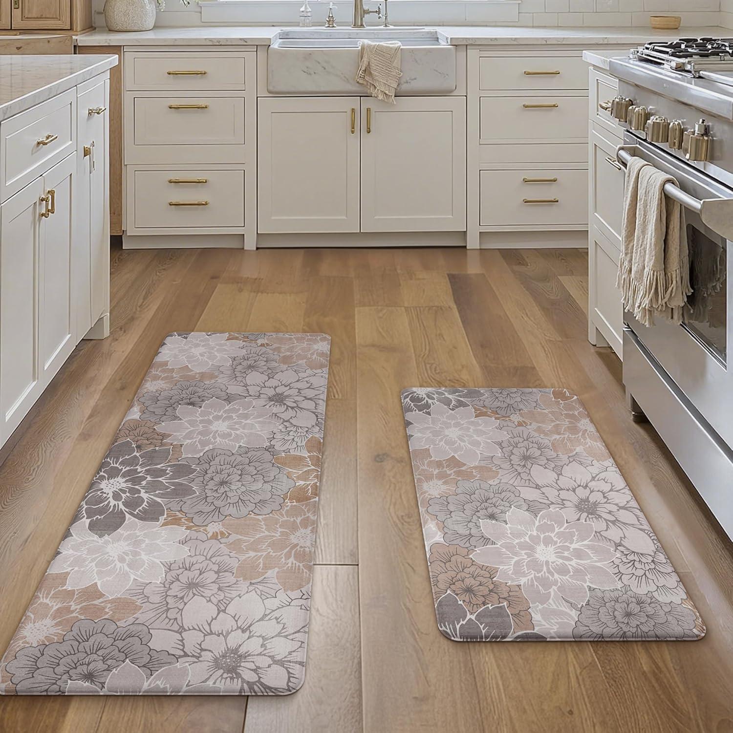 imageGENIMO Kitchen Mats for Floor Kitchen Rugs Non Slip Washable Sets of 2 Waterproof Cushioned Anti Fatigue Mat Floral Runner Rug for Laundry Sink Office Home 173x47173x30 Taupe GreyTaupe Grey