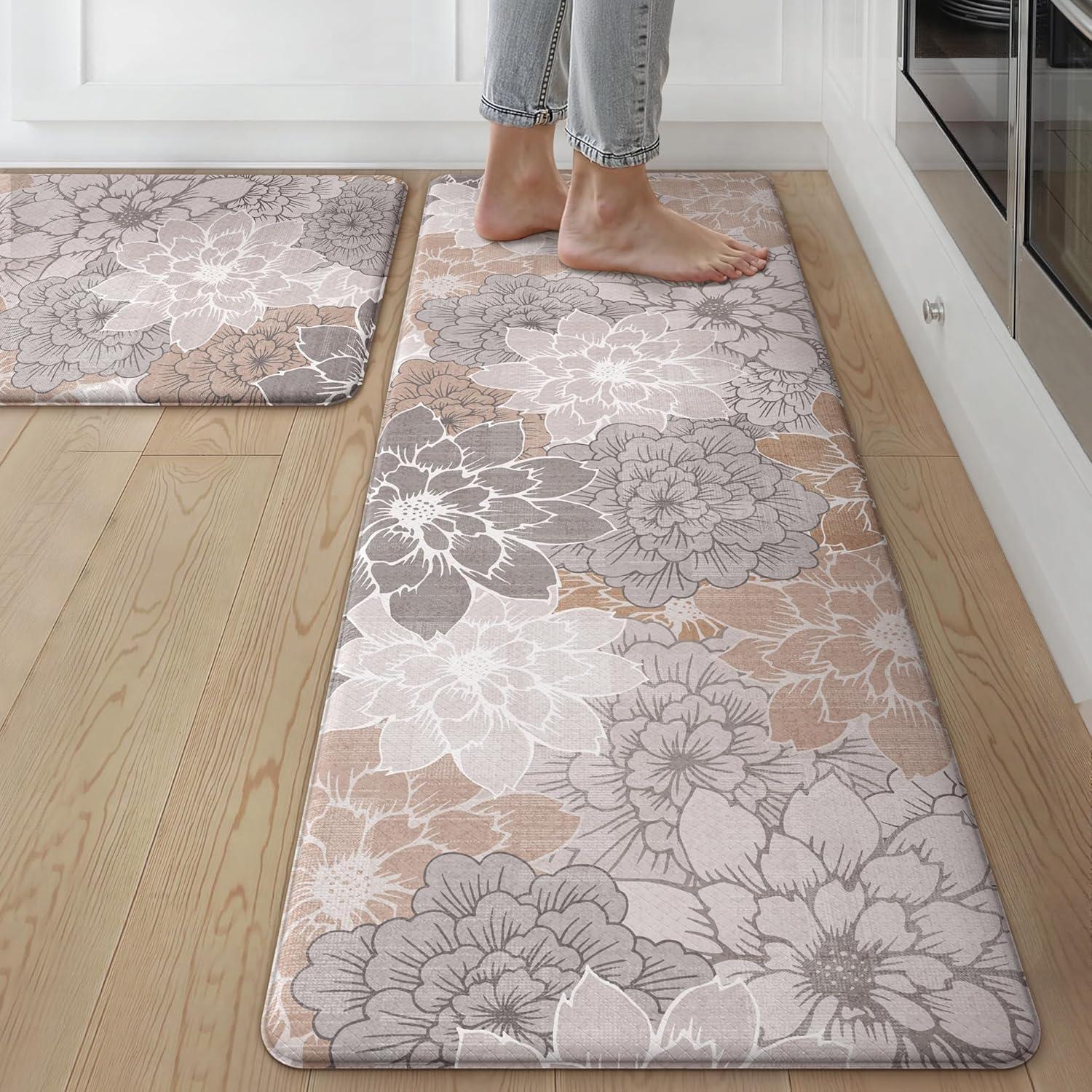 imageGENIMO Kitchen Mats for Floor Kitchen Rugs Non Slip Washable Sets of 2 Waterproof Cushioned Anti Fatigue Mat Floral Runner Rug for Laundry Sink Office Home 173x47173x30 Taupe GreyTaupe Grey