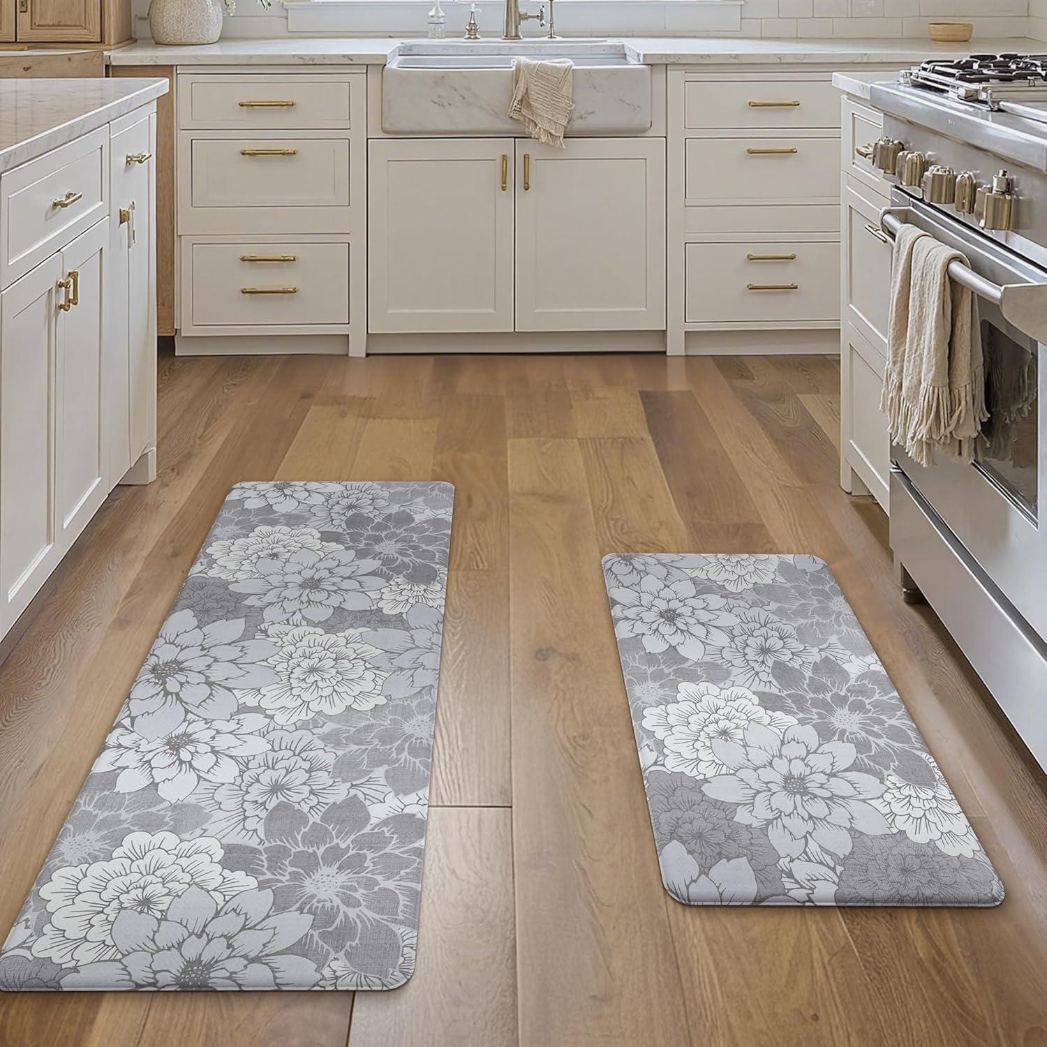 imageGENIMO Kitchen Mats for Floor Kitchen Rugs Non Slip Washable Sets of 2 Waterproof Cushioned Anti Fatigue Mat Floral Runner Rug for Laundry Sink Office Home 173x47173x30 Taupe GreyLavender Grey