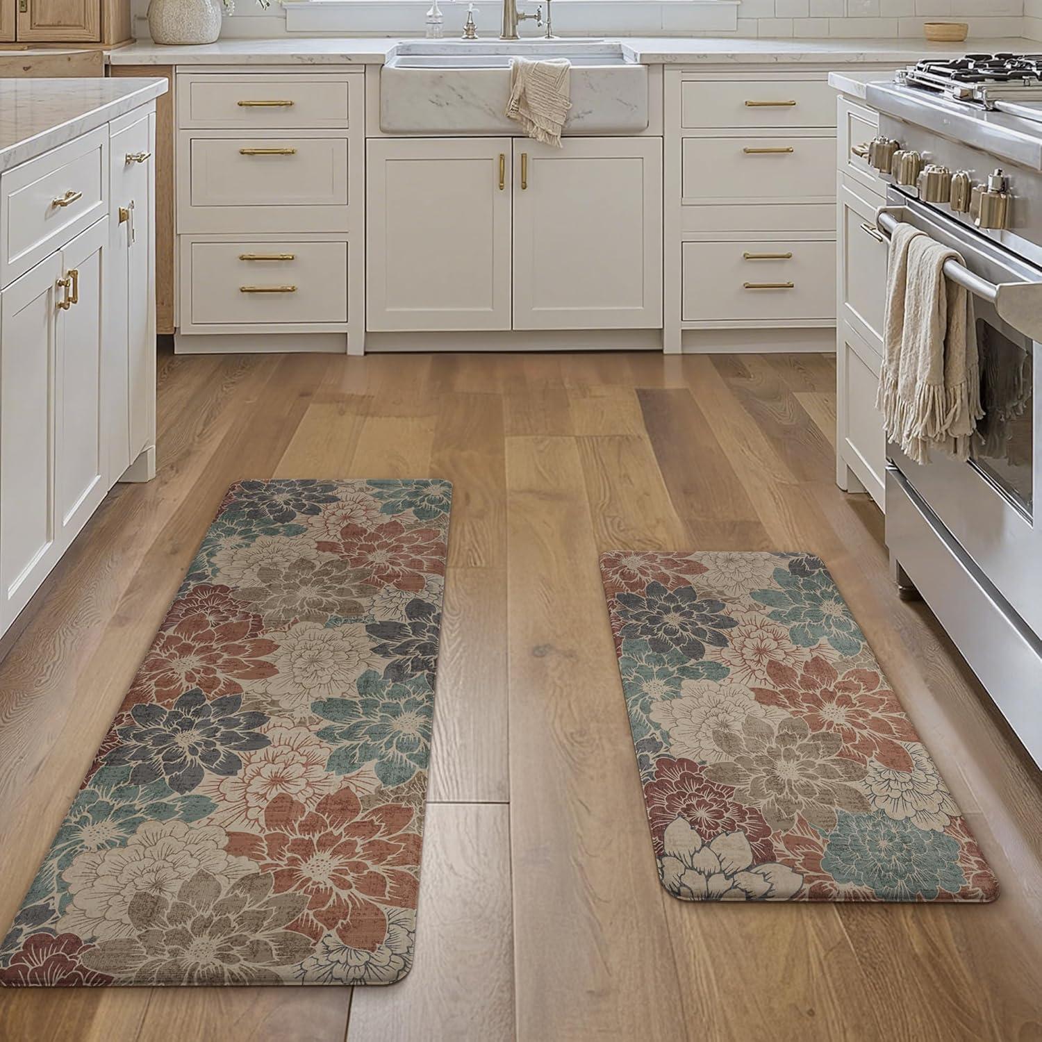 imageGENIMO Kitchen Mats for Floor Kitchen Rugs Non Slip Washable Sets of 2 Waterproof Cushioned Anti Fatigue Mat Floral Runner Rug for Laundry Sink Office Home 173x47173x30 Taupe GreyRed
