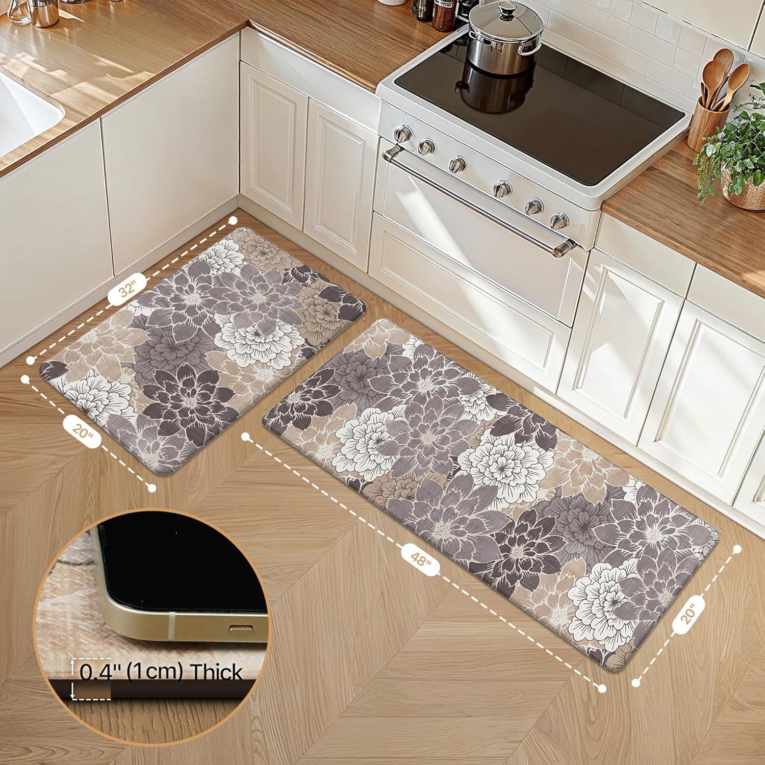 imageGENIMO Kitchen Mats for Floor Kitchen Rugs Non Slip Washable Sets of 2 Waterproof Cushioned Anti Fatigue Mat Floral Runner Rug for Laundry Sink Office Home 173x47173x30 Taupe GreyCoffeebrown