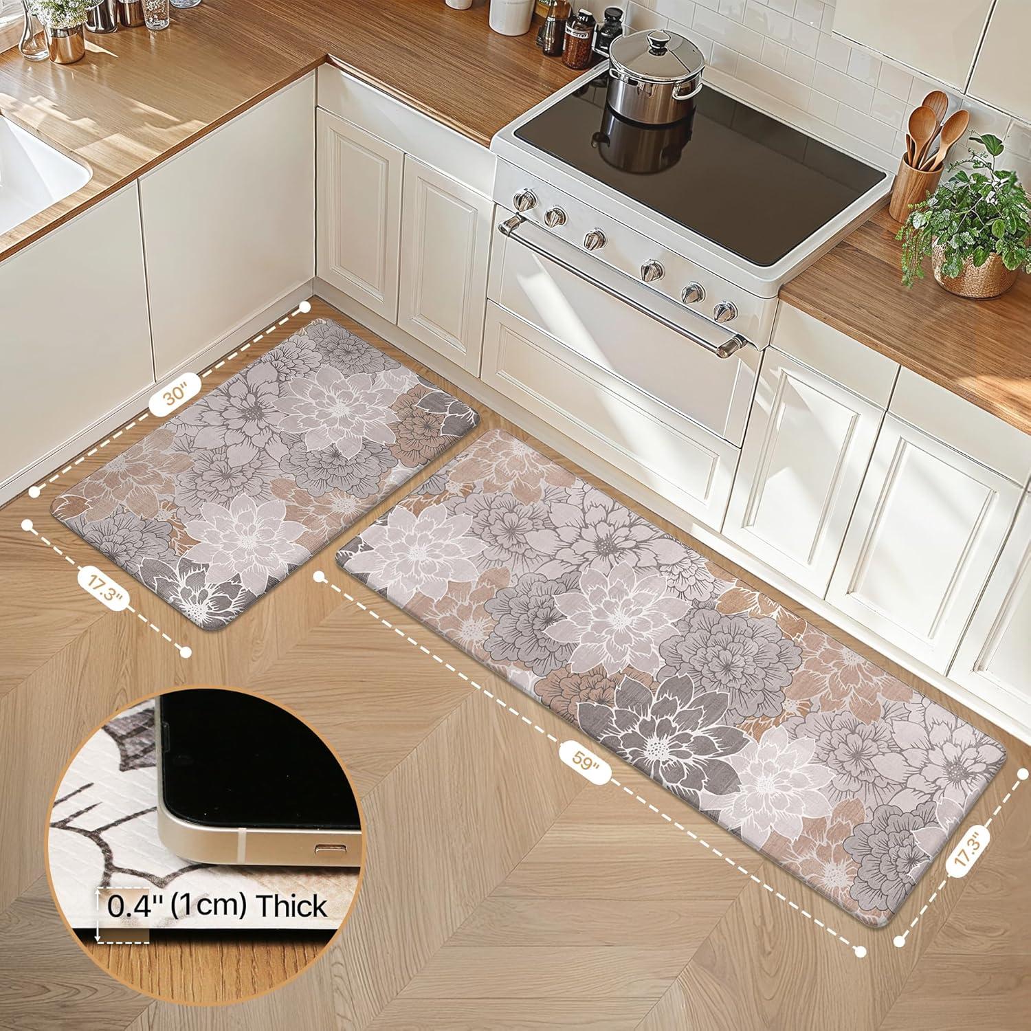imageGENIMO Kitchen Mats for Floor Kitchen Rugs Non Slip Washable Sets of 2 Waterproof Cushioned Anti Fatigue Mat Floral Runner Rug for Laundry Sink Office Home 173x47173x30 Taupe GreyTaupe Grey