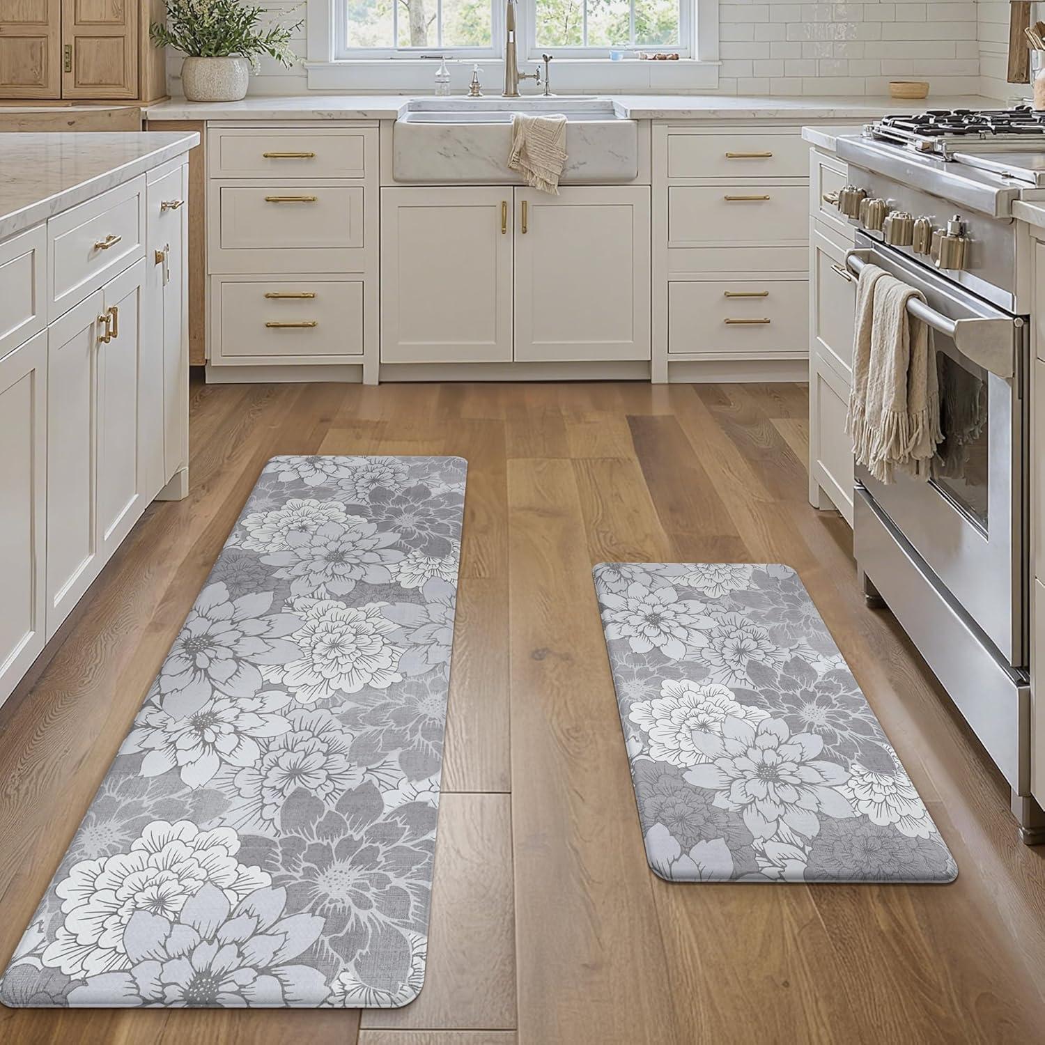 imageGENIMO Kitchen Mats for Floor Kitchen Rugs Non Slip Washable Sets of 2 Waterproof Cushioned Anti Fatigue Mat Floral Runner Rug for Laundry Sink Office Home 173x47173x30 Taupe GreyLavender Grey