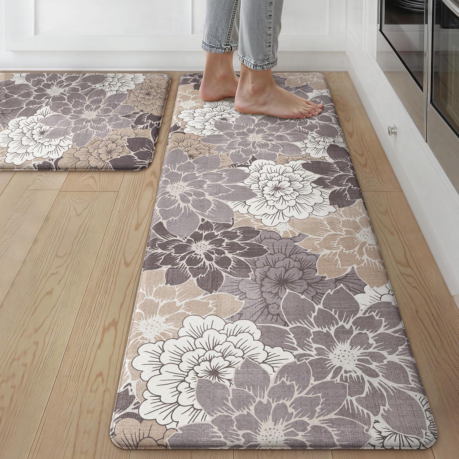 imageGENIMO Kitchen Mats for Floor Kitchen Rugs Non Slip Washable Sets of 2 Waterproof Cushioned Anti Fatigue Mat Floral Runner Rug for Laundry Sink Office Home 173x47173x30 Taupe GreyCoffeebrown