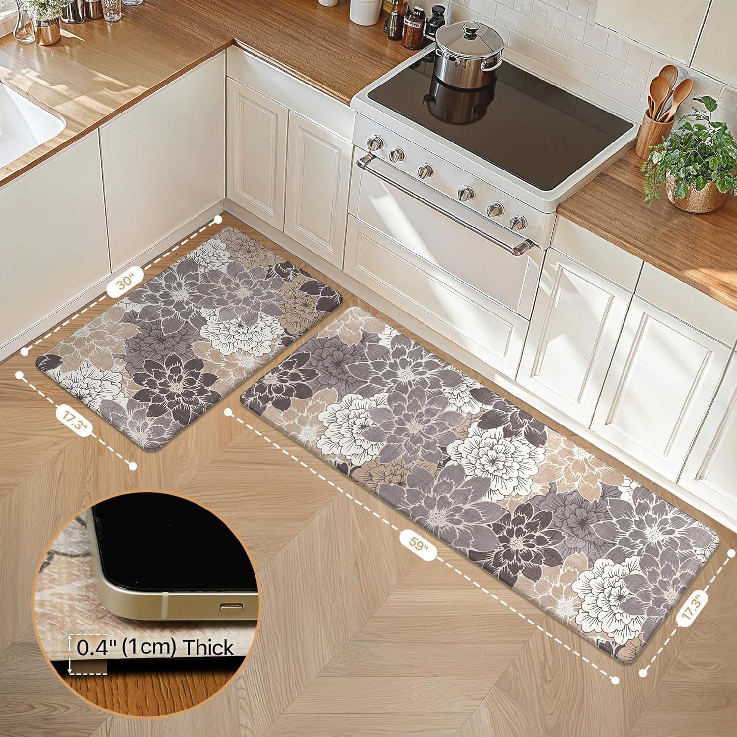imageGENIMO Kitchen Mats for Floor Kitchen Rugs Non Slip Washable Sets of 2 Waterproof Cushioned Anti Fatigue Mat Floral Runner Rug for Laundry Sink Office Home 173x47173x30 Taupe GreyCoffeebrown