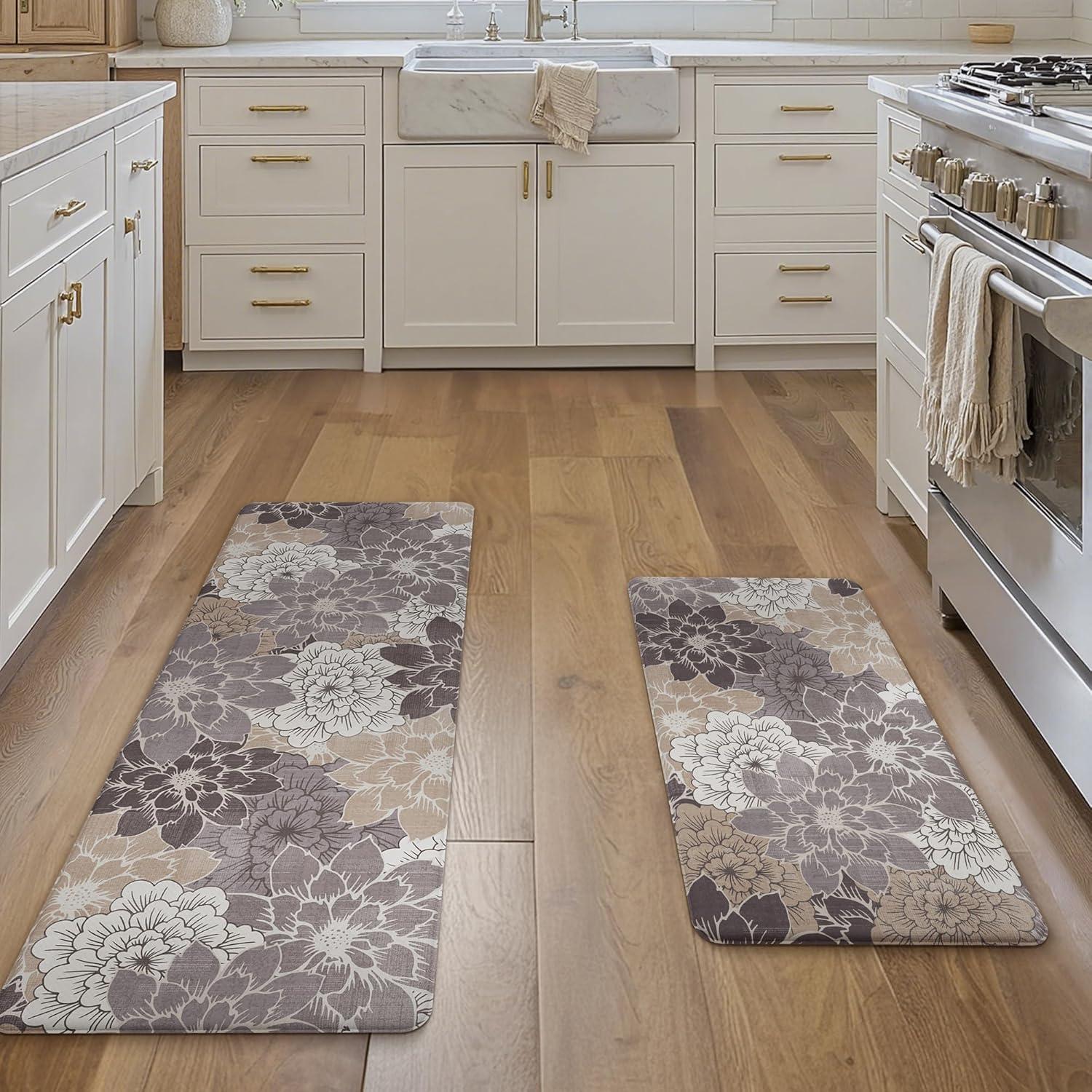 imageGENIMO Kitchen Mats for Floor Kitchen Rugs Non Slip Washable Sets of 2 Waterproof Cushioned Anti Fatigue Mat Floral Runner Rug for Laundry Sink Office Home 173x47173x30 Taupe GreyCoffeebrown