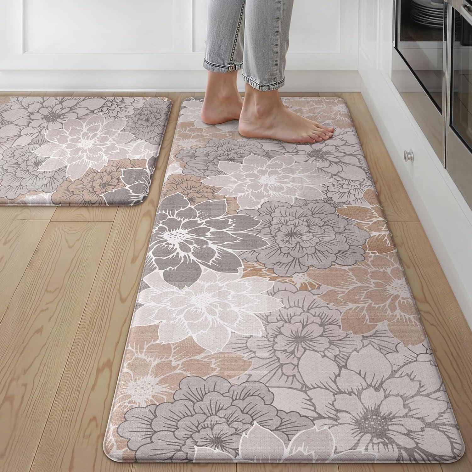 imageGENIMO Kitchen Mats for Floor Kitchen Rugs Non Slip Washable Sets of 2 Waterproof Cushioned Anti Fatigue Mat Floral Runner Rug for Laundry Sink Office Home 173x47173x30 Taupe GreyTaupe Grey