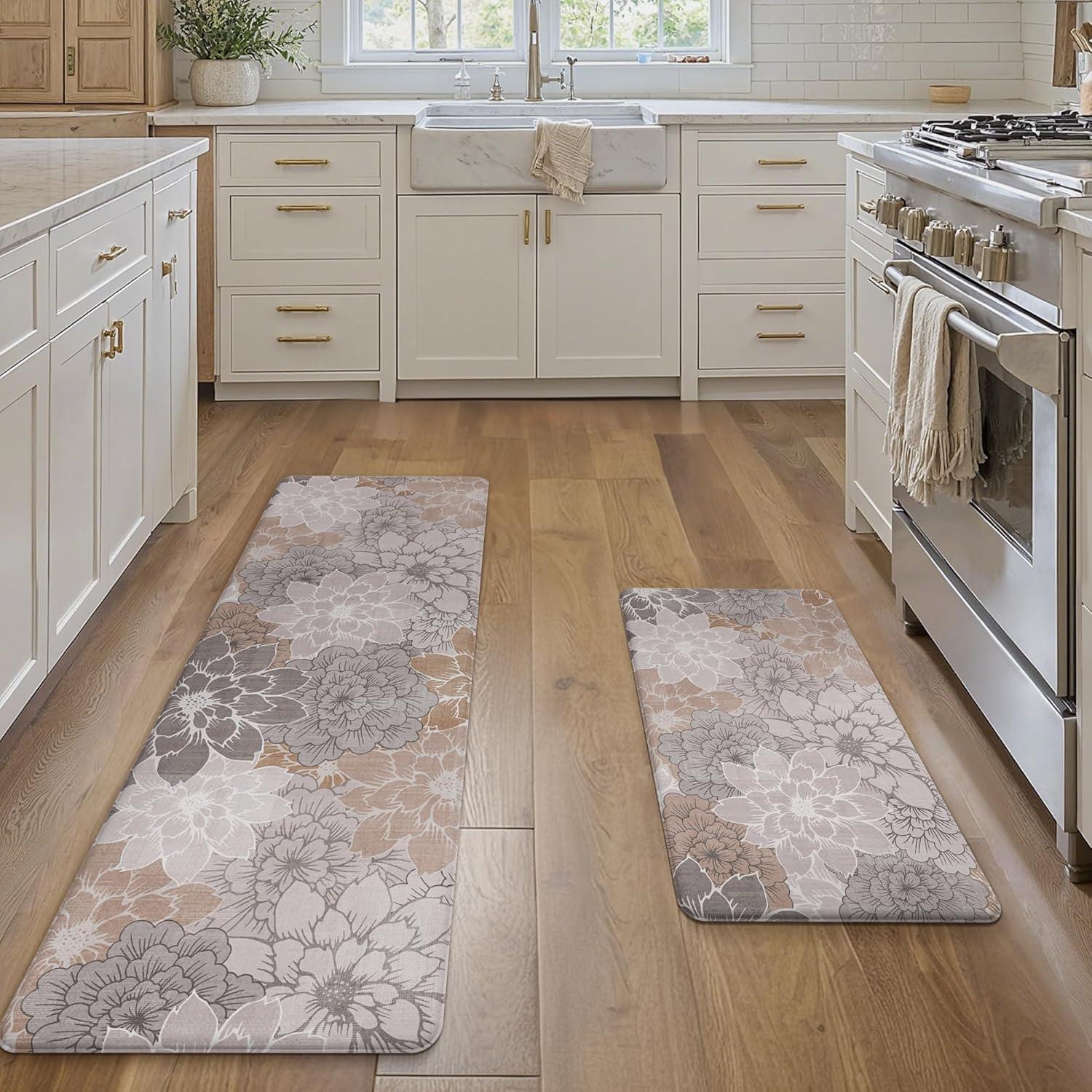 imageGENIMO Kitchen Mats for Floor Kitchen Rugs Non Slip Washable Sets of 2 Waterproof Cushioned Anti Fatigue Mat Floral Runner Rug for Laundry Sink Office Home 173x47173x30 Taupe GreyTaupe Grey