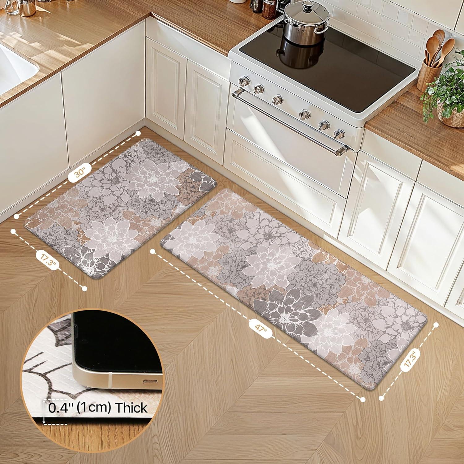 imageGENIMO Kitchen Mats for Floor Kitchen Rugs Non Slip Washable Sets of 2 Waterproof Cushioned Anti Fatigue Mat Floral Runner Rug for Laundry Sink Office Home 173x47173x30 Taupe GreyTaupe Grey