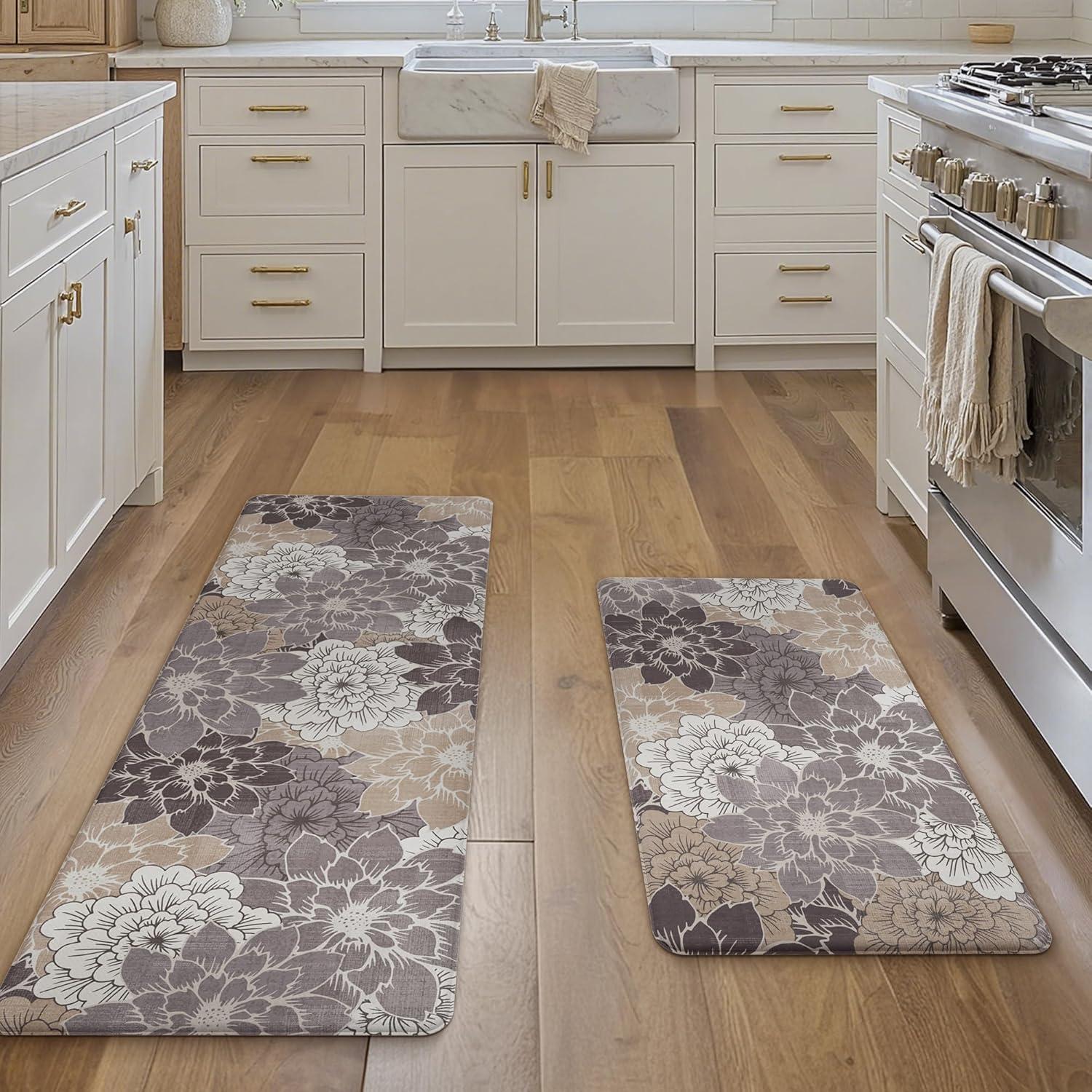 imageGENIMO Kitchen Mats for Floor Kitchen Rugs Non Slip Washable Sets of 2 Waterproof Cushioned Anti Fatigue Mat Floral Runner Rug for Laundry Sink Office Home 173x47173x30 Taupe GreyCoffeebrown