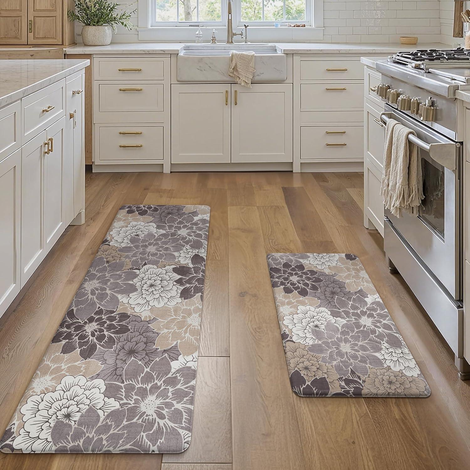 imageGENIMO Kitchen Mats for Floor Kitchen Rugs Non Slip Washable Sets of 2 Waterproof Cushioned Anti Fatigue Mat Floral Runner Rug for Laundry Sink Office Home 173x47173x30 Taupe GreyCoffeebrown