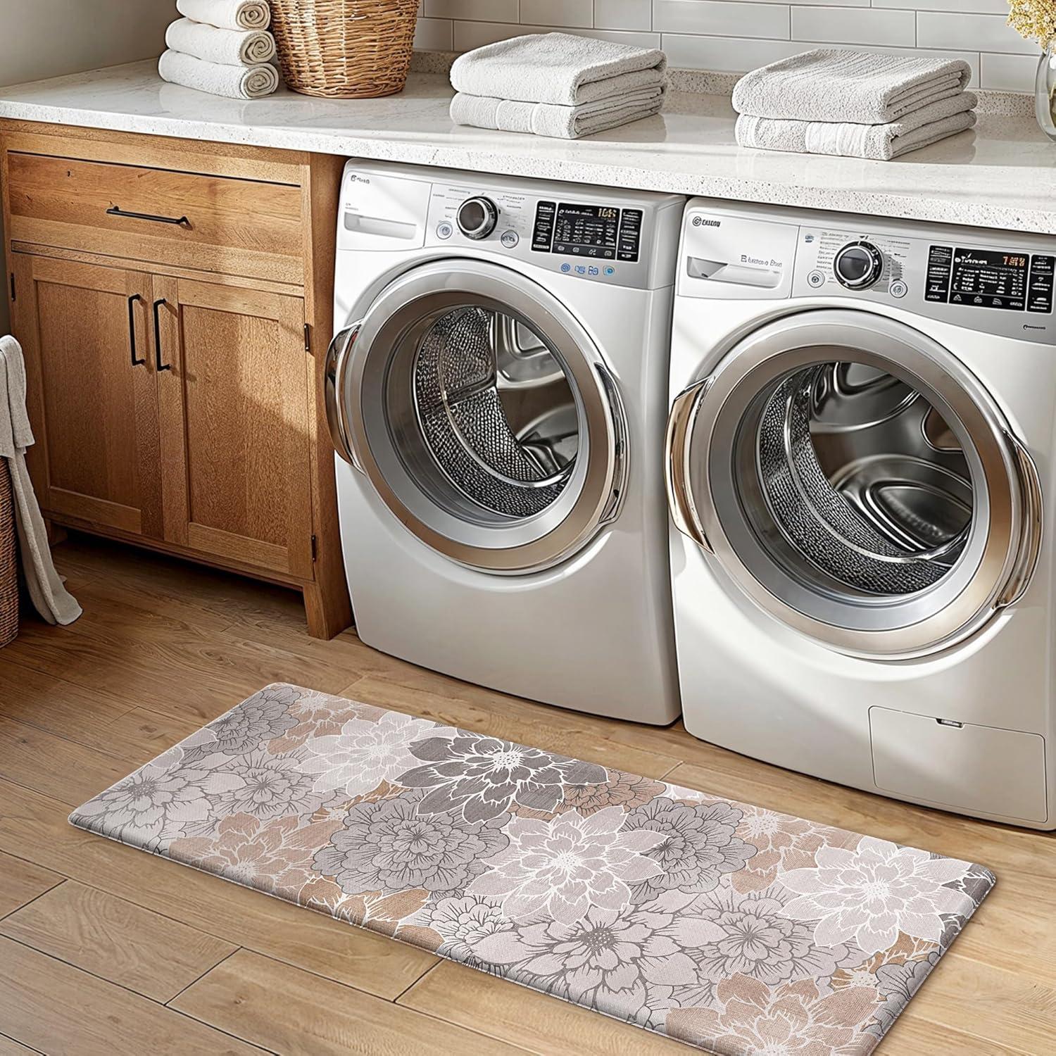 imageGENIMO Kitchen Mats for Floor Kitchen Rugs Non Slip Washable Sets of 2 Waterproof Cushioned Anti Fatigue Mat Floral Runner Rug for Laundry Sink Office Home 173x47173x30 Taupe GreyTaupe Grey