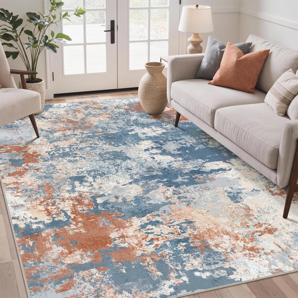 imageGENIMO 8x10 Area Rugs for Living Room Machine Washable Non Slip Rugs Low Pile Lightweight Vintage Print Rug for Bedroom Dining Room Home Office Distressed BlueGreyBlue Red