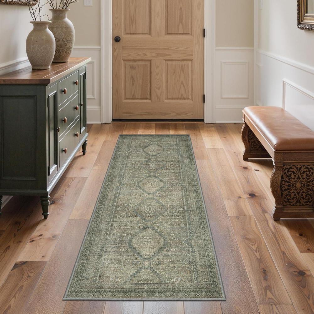 imageGENIMO 8x10 Area Rugs for Living Room Machine Washable Non Slip Rugs Low Pile Lightweight Vintage Print Rug for Bedroom Dining Room Home Office Distressed BlueGreySageBlue