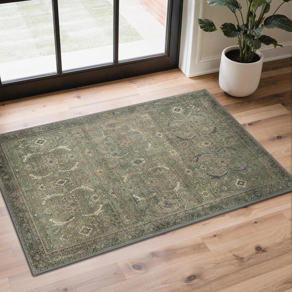 imageGENIMO 8x10 Area Rugs for Living Room Machine Washable Non Slip Rugs Low Pile Lightweight Vintage Print Rug for Bedroom Dining Room Home Office Distressed BlueGreyMuted Green
