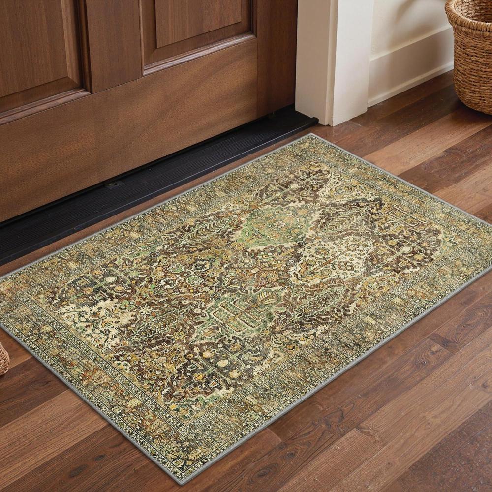 imageGENIMO 8x10 Area Rugs for Living Room Machine Washable Non Slip Rugs Low Pile Lightweight Vintage Print Rug for Bedroom Dining Room Home Office Distressed BlueGreyBronze Olive