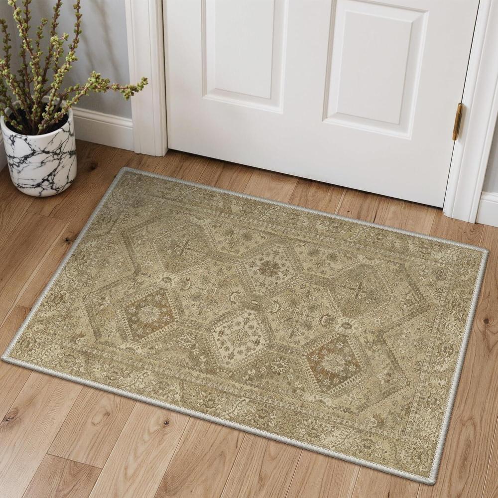 imageGENIMO 8x10 Area Rugs for Living Room Machine Washable Non Slip Rugs Low Pile Lightweight Vintage Print Rug for Bedroom Dining Room Home Office Distressed BlueGreyBrown Tan