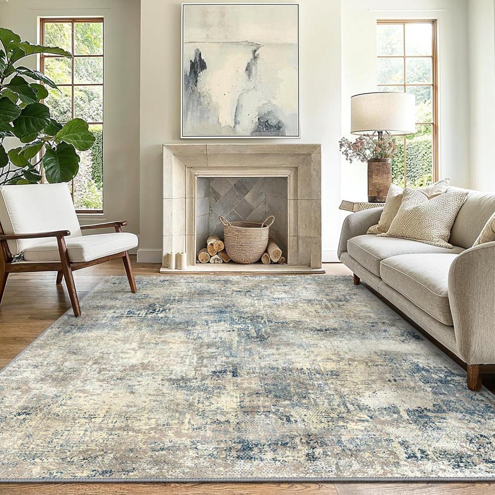 imageGENIMO 8x10 Area Rugs for Living Room Machine Washable Non Slip Rugs Low Pile Lightweight Vintage Print Rug for Bedroom Dining Room Home Office Distressed BlueGreyBlue Grey Beige