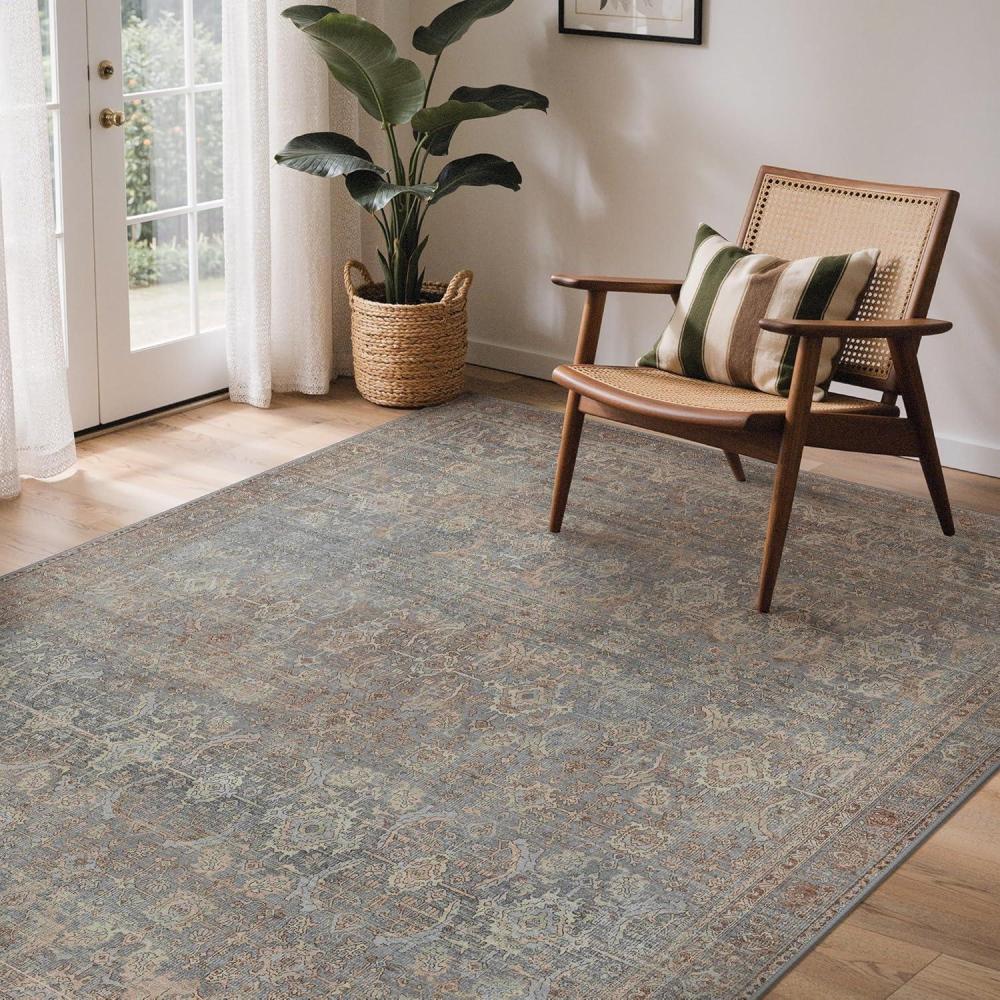 imageGENIMO 8x10 Area Rugs for Living Room Machine Washable Non Slip Rugs Low Pile Lightweight Vintage Print Rug for Bedroom Dining Room Home Office Distressed BlueGreyGrayish Blue